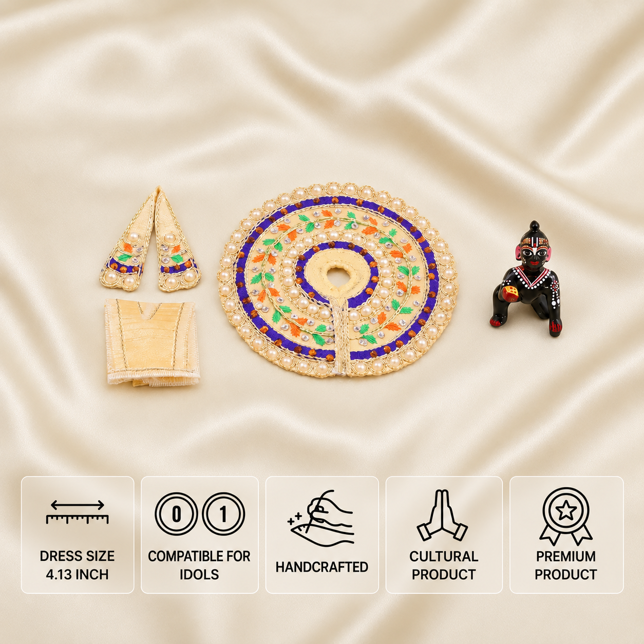 Cream and purple Laddu Gopal dress for 0 and 1 number idols with leaf embroidery and pearl border.