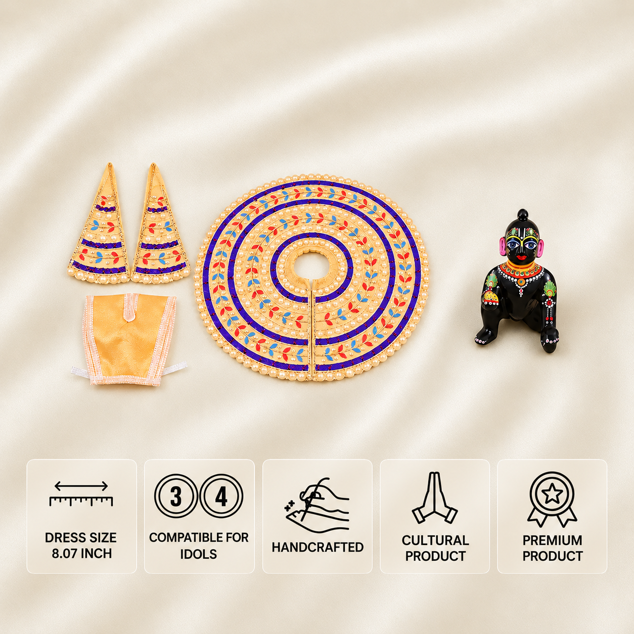 Cream and purple Laddu Gopal poshak for 3 and 4 number idols with colourful leaf embroidery and pearl detailing.