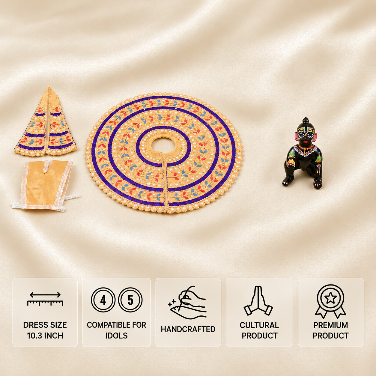 Cream and purple Laddu Gopal poshak for 4 and 5 number idols with colourful leaf embroidery and pearl detailing.