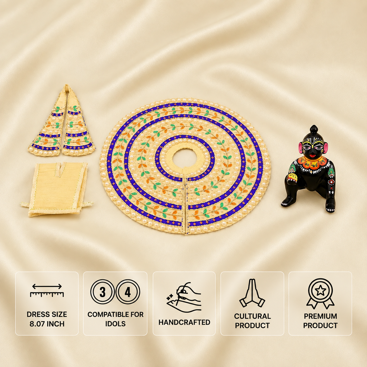 Cream and purple handcrafted Laddu Gopal poshak set for 3 and 4 number idols with leaf embroidery and pearl border.