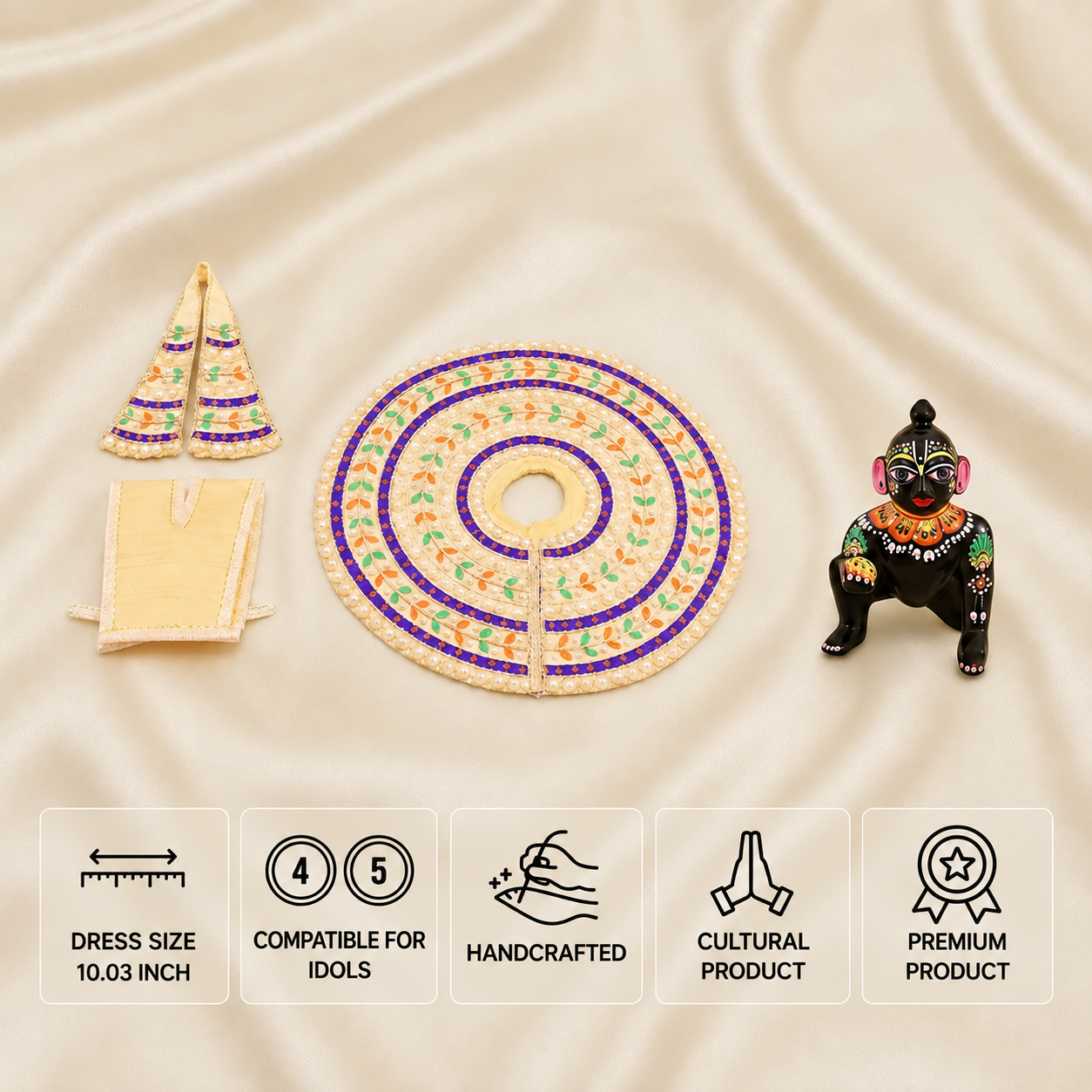 Cream and purple handcrafted Laddu Gopal poshak set for 4 and 5 number idols with leaf embroidery and pearl border.