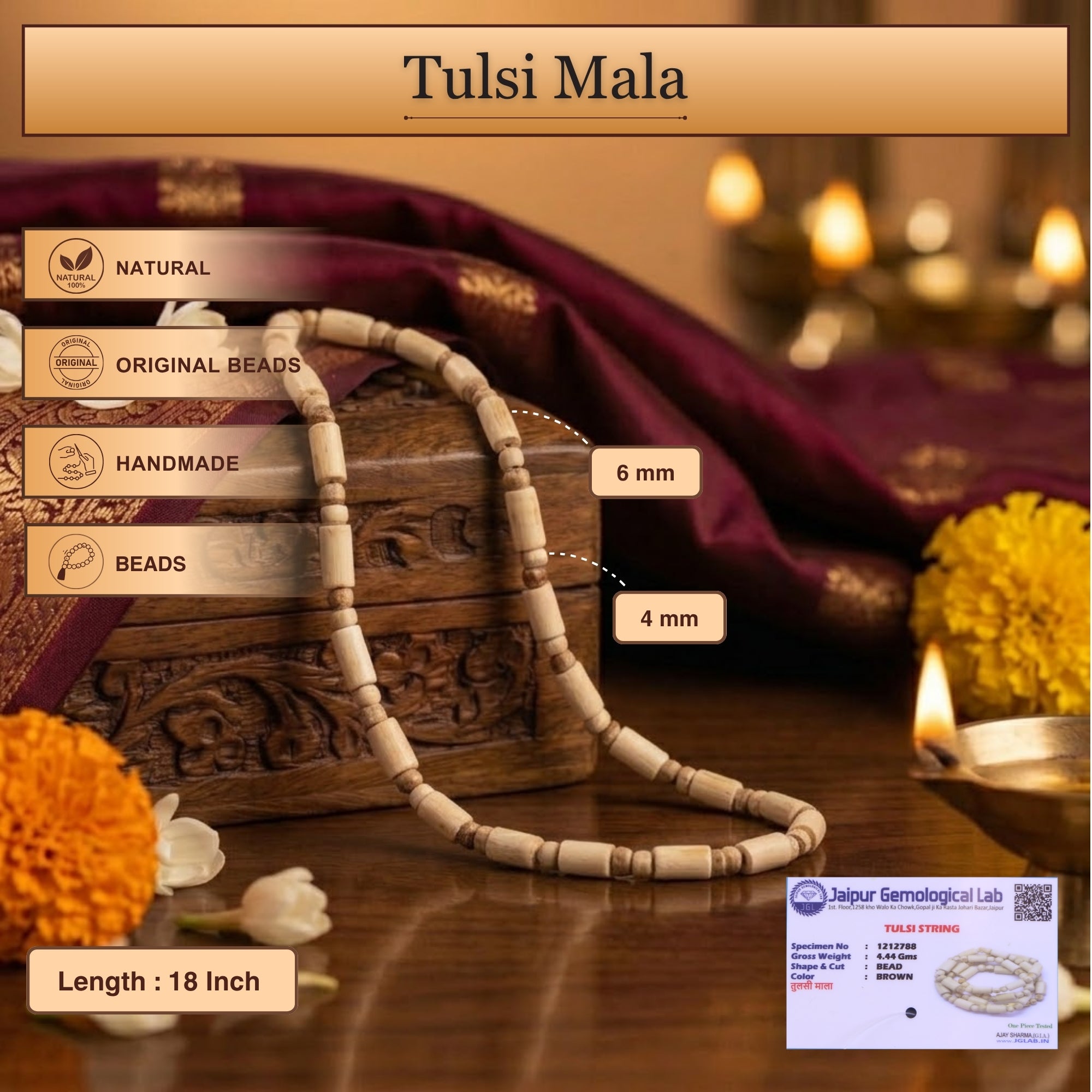 Length and size dimensions of the authentic Tulsi wood kanthi mala with cylindrical beads