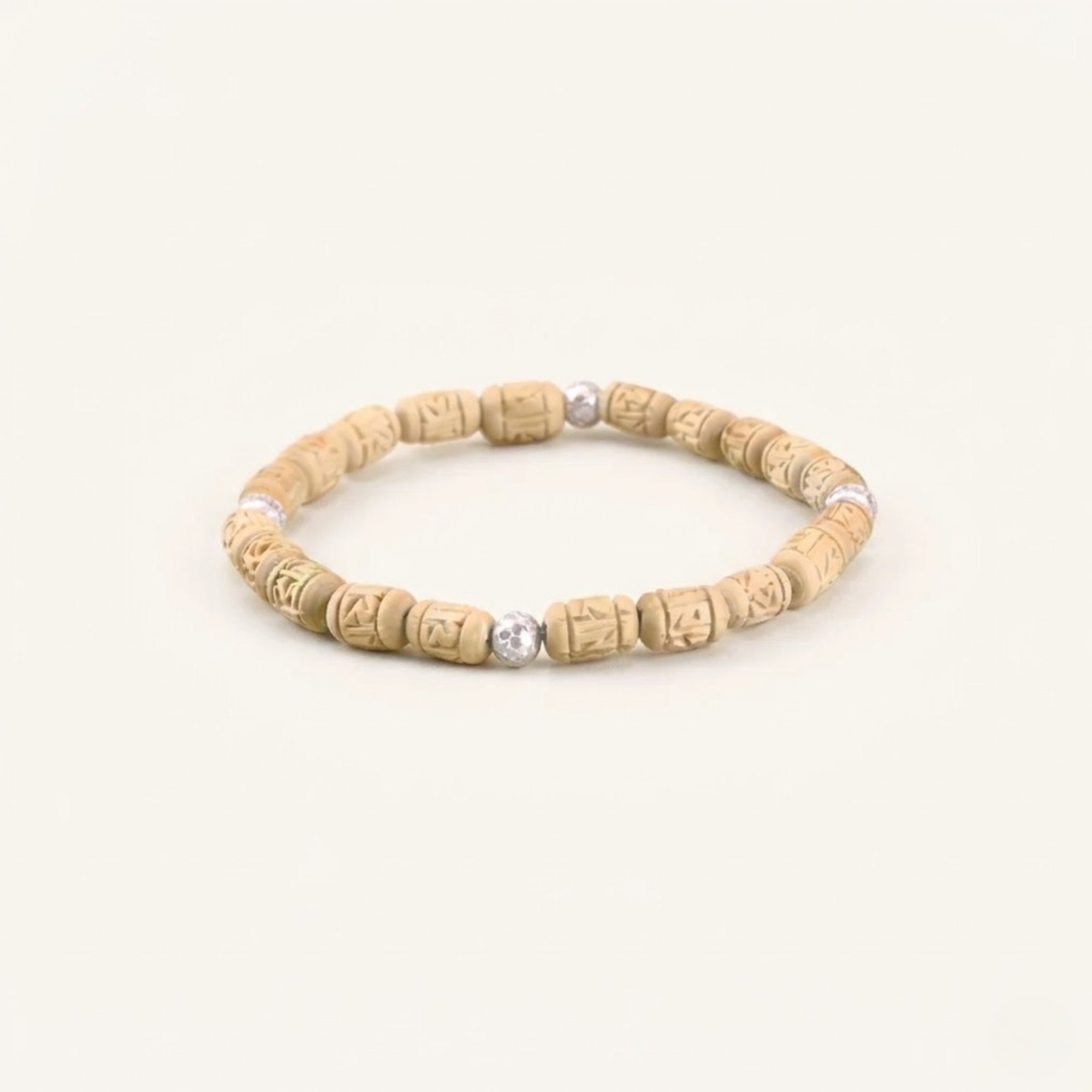 Sterling Silver Tulsi Bracelet - Cylindrical Carved Tulsi & Silver Beads, Mathura