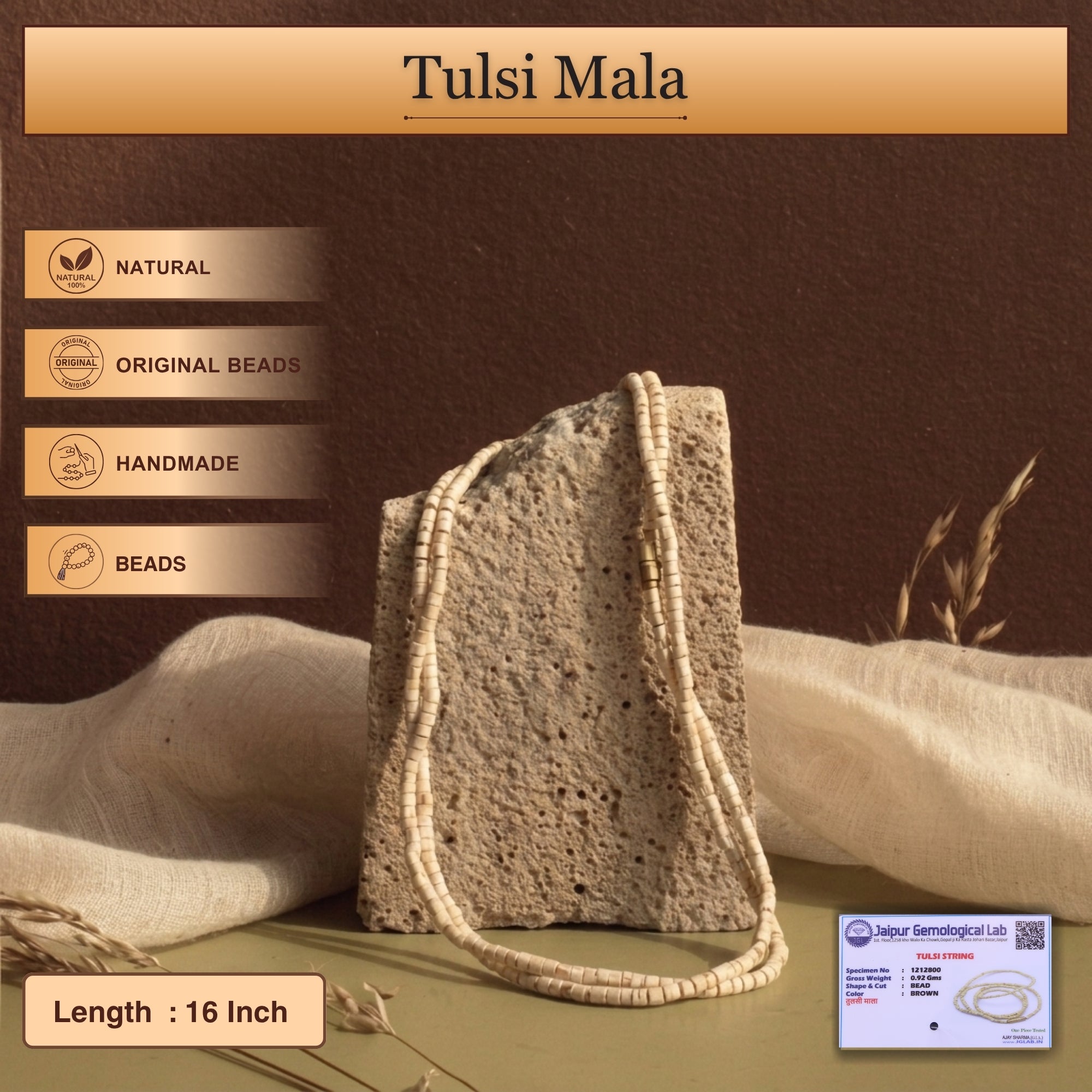 Size and material details of the certified Tulsi kanthi mala with small beads