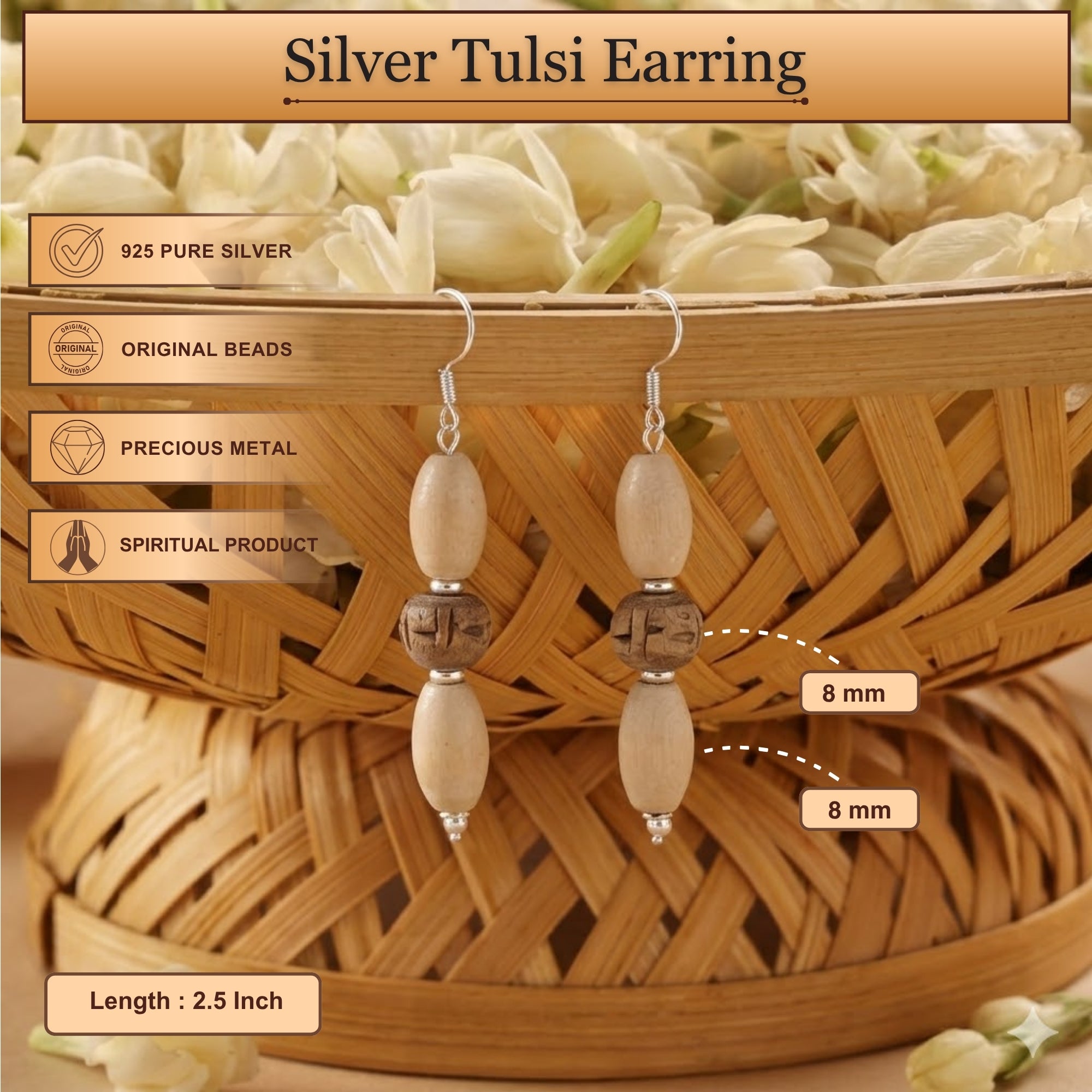 Length and intricate bead details of the beautiful designer silver and authentic Tulsi earrings