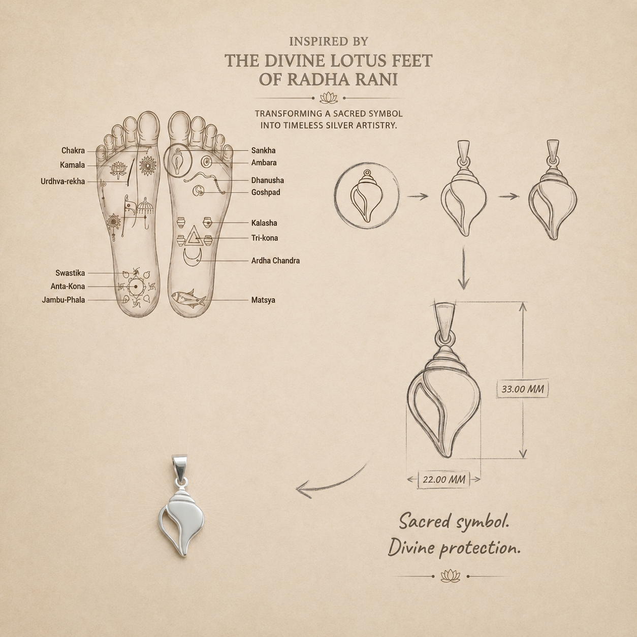 divine 925 pure silver Shankh pendant for men and women diagram