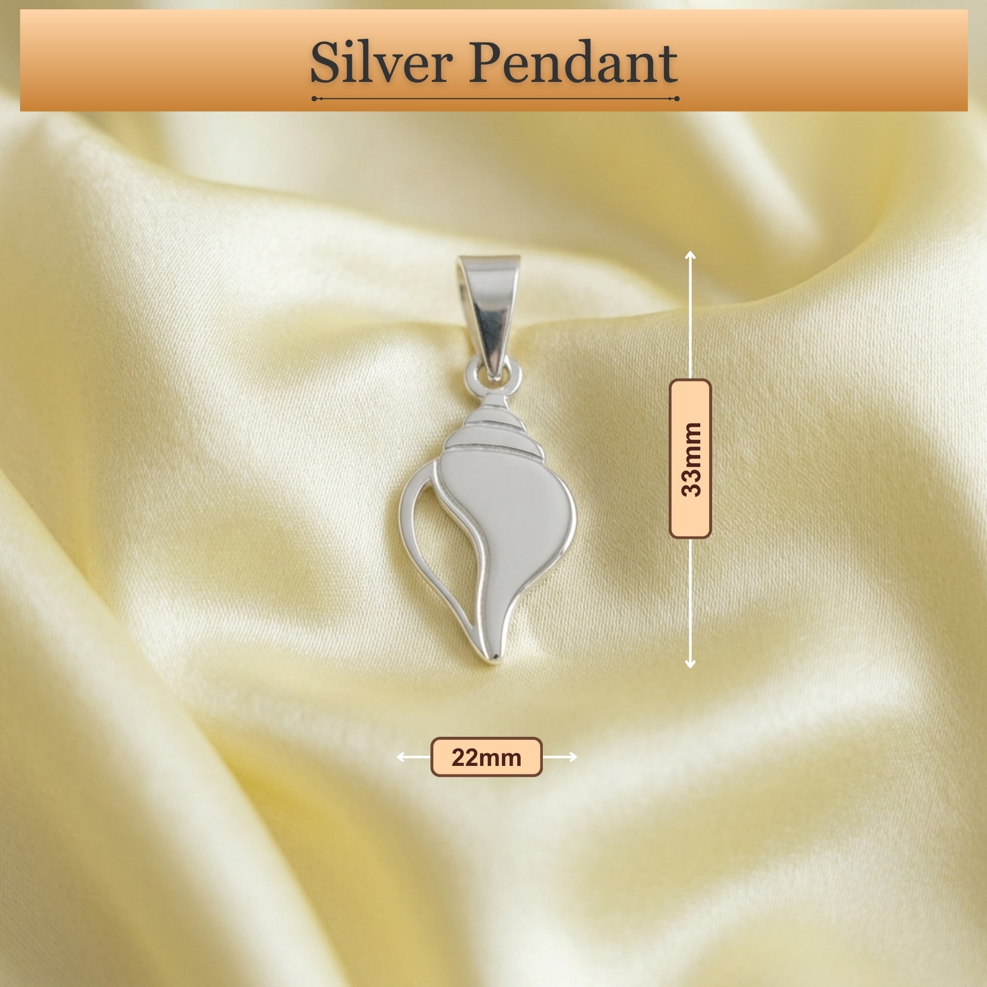Dimension diagram showing size and measurement of divine 925 pure silver Shankh pendant for men and women