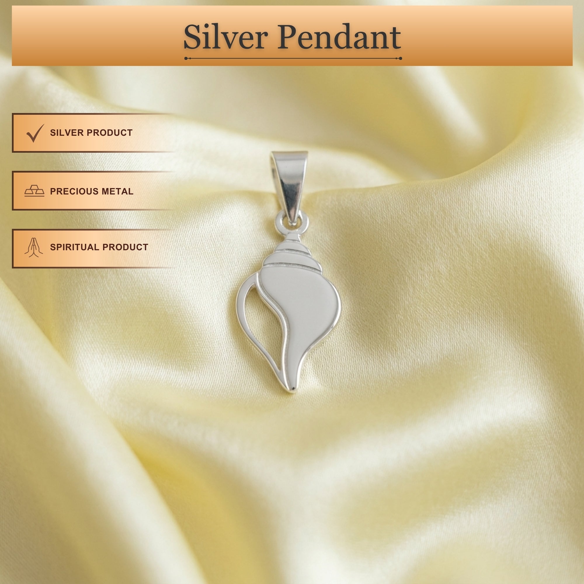 Infographic displaying features of divine 925 pure silver Shankh pendant for men and women