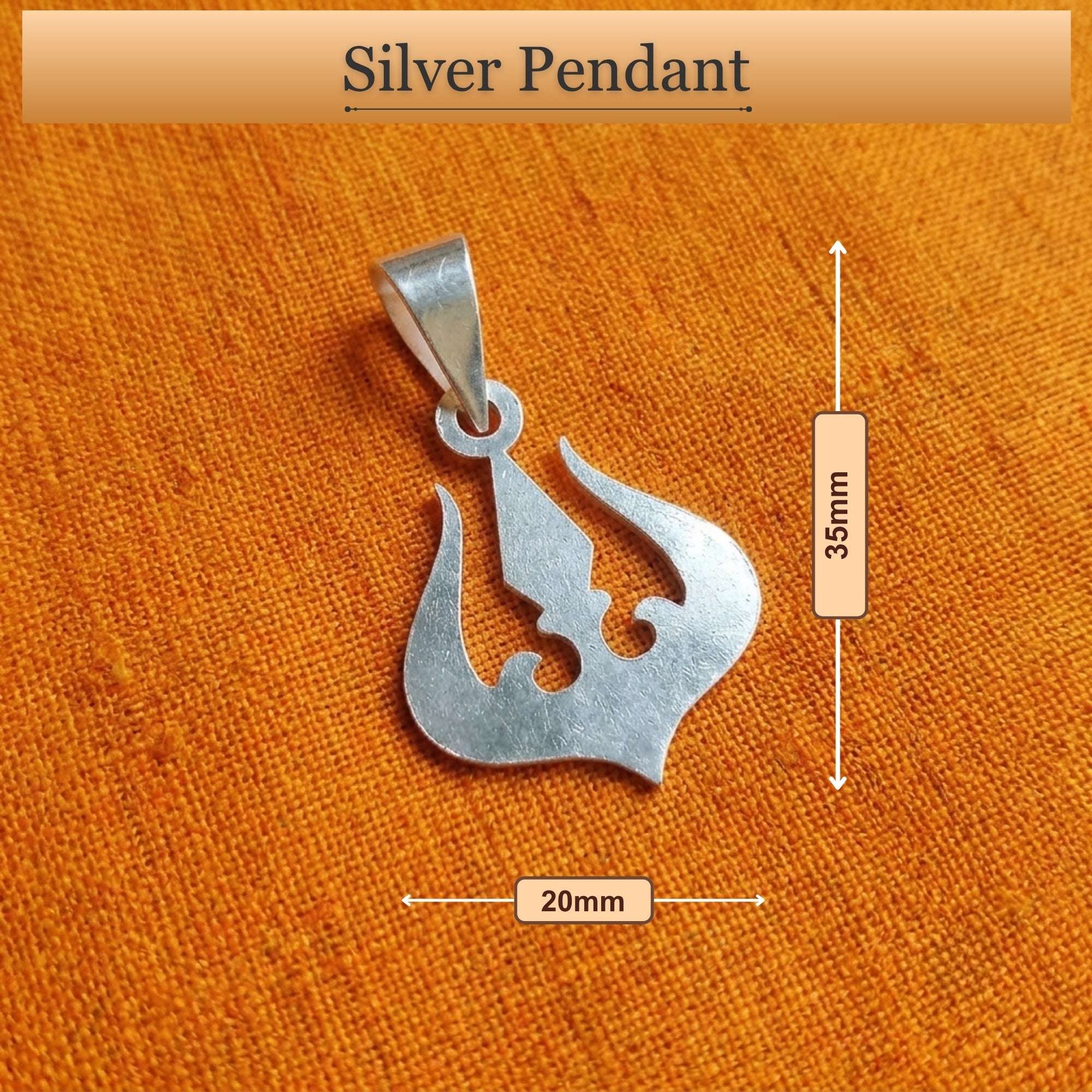 Dimension diagram showing size and measurement of 925 pure silver Trishul pendant for men and women