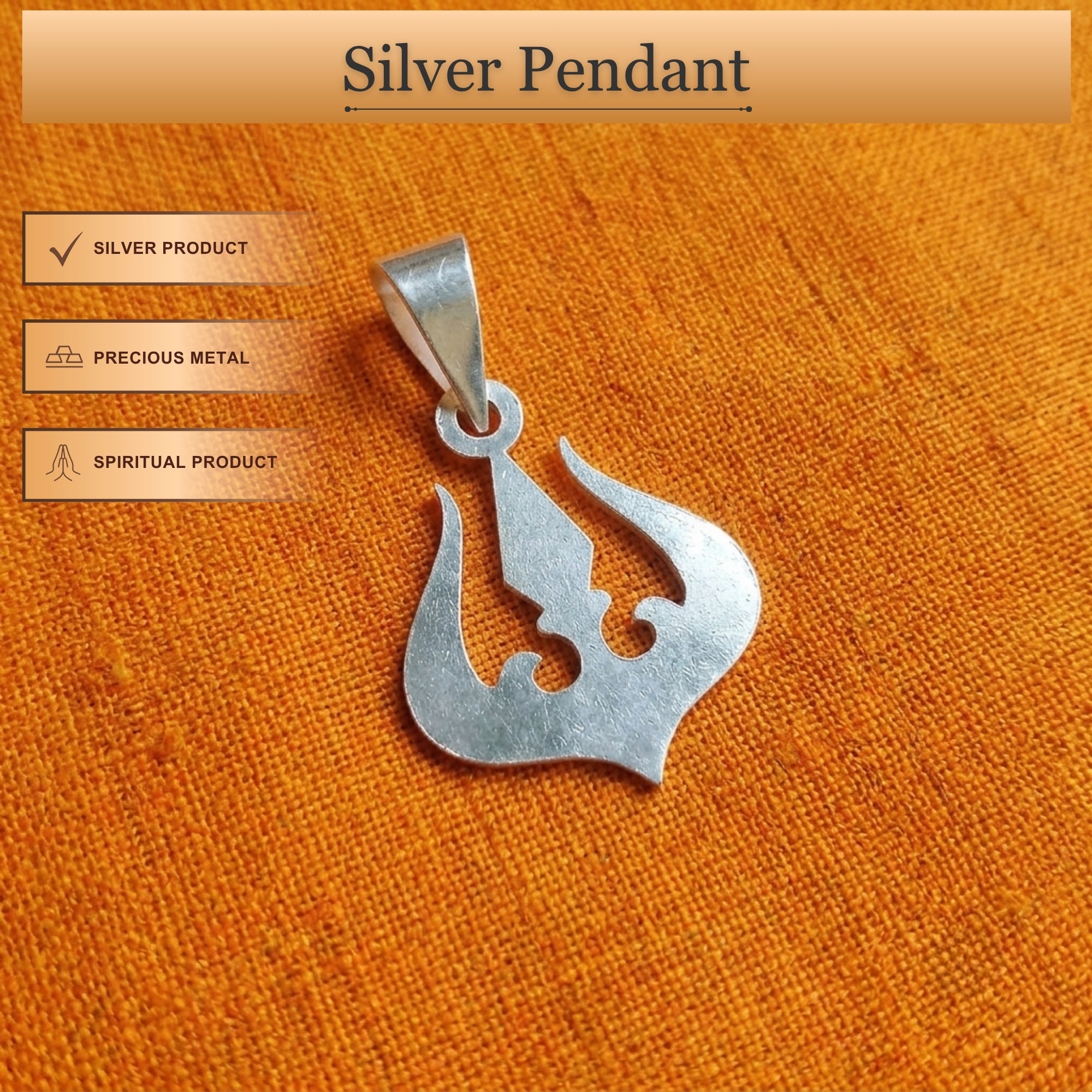 Infographic displaying features of divine 925 pure silver Trishul pendant for men and women