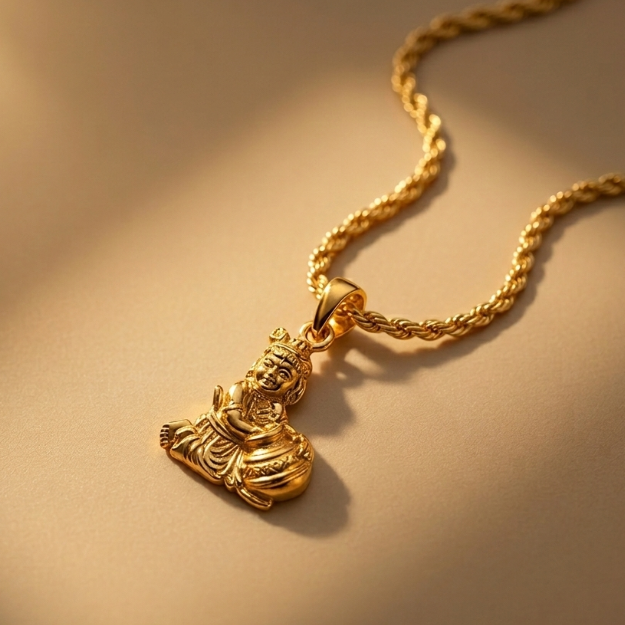 Divine gold Laddu Gopal Krishna figure pendant for men and women on rope chain close up shot