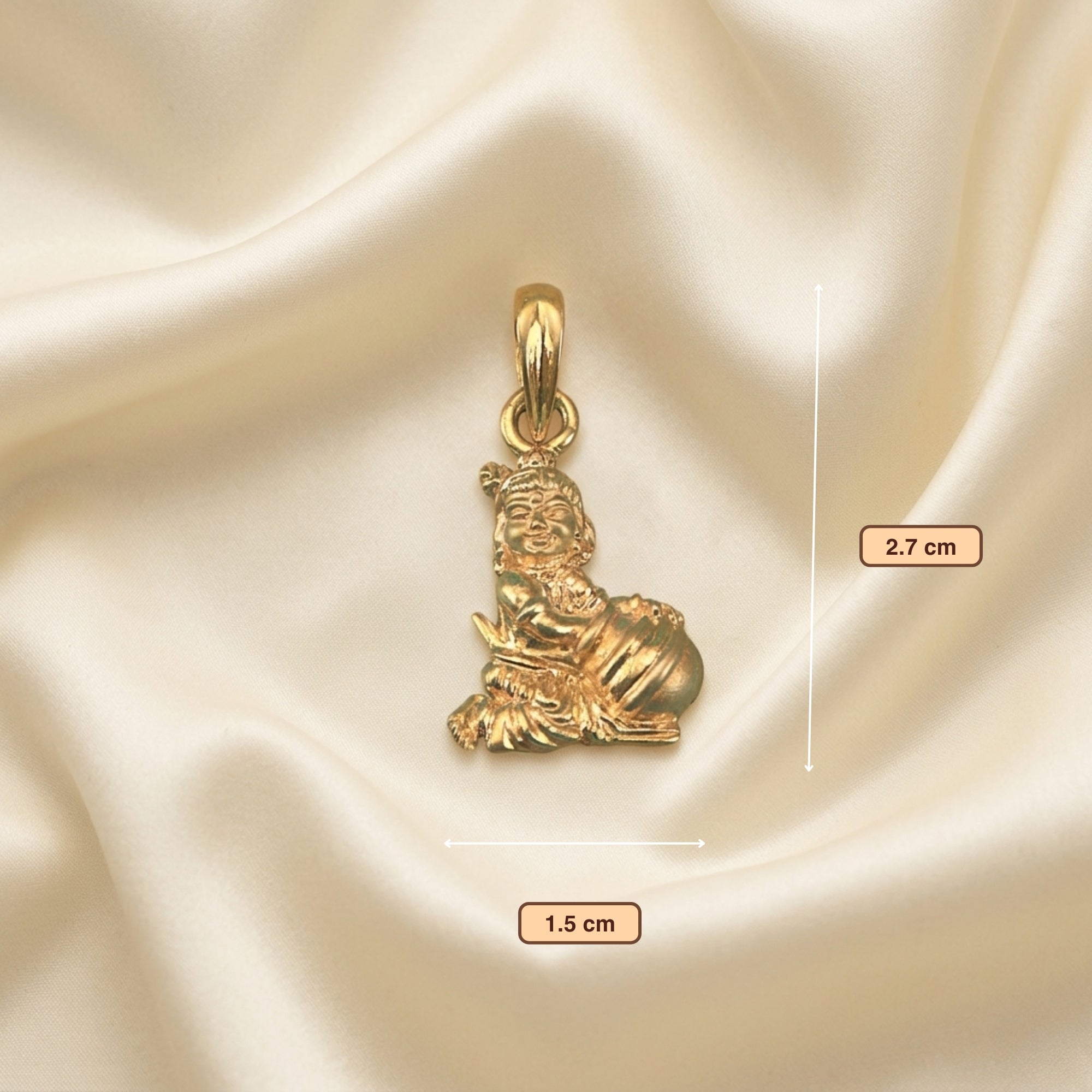 Dimension diagram showing size and measurement of divine gold Laddu Gopal Krishna figure pendant