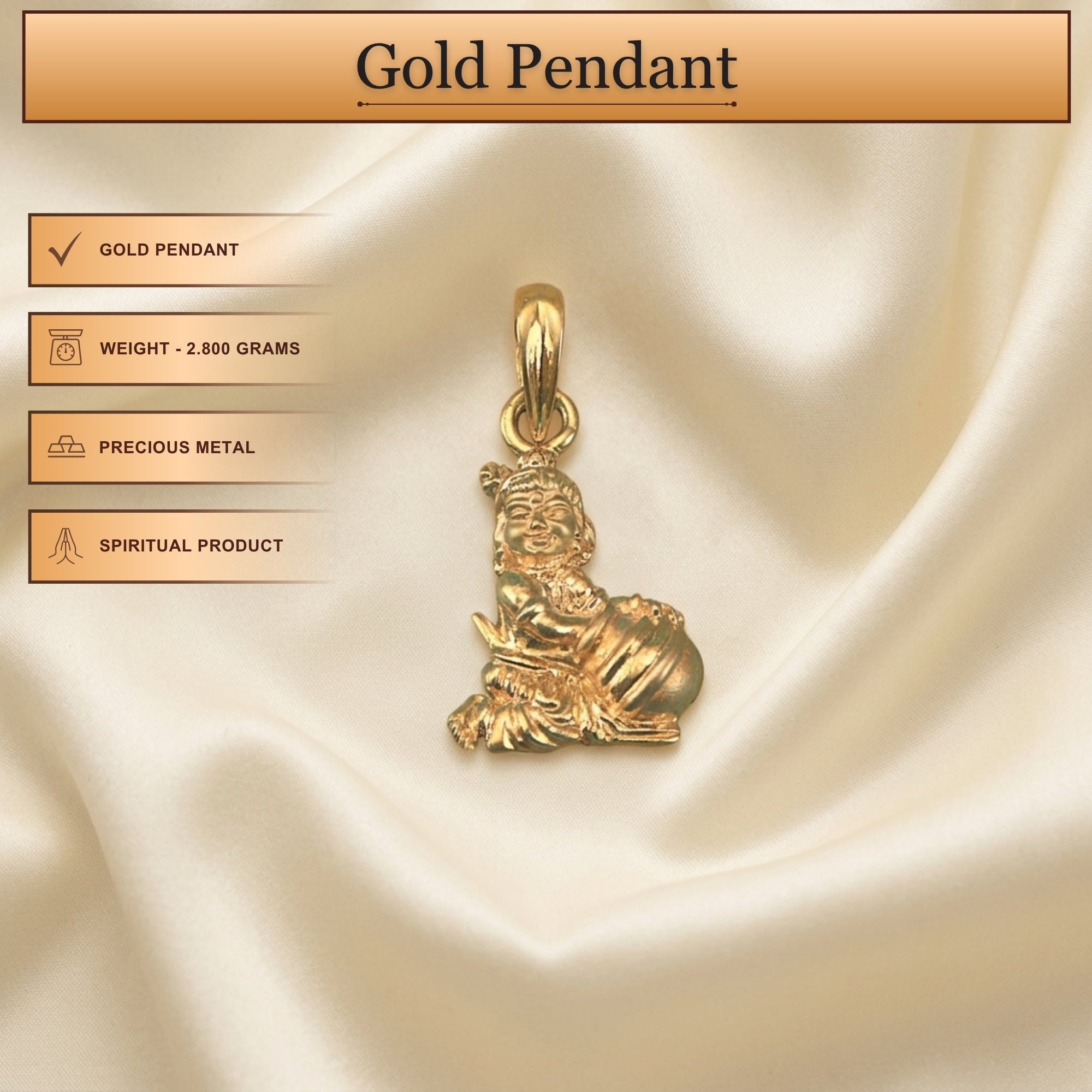 Infographic displaying features of divine gold Laddu Gopal Krishna figure pendant for men and women