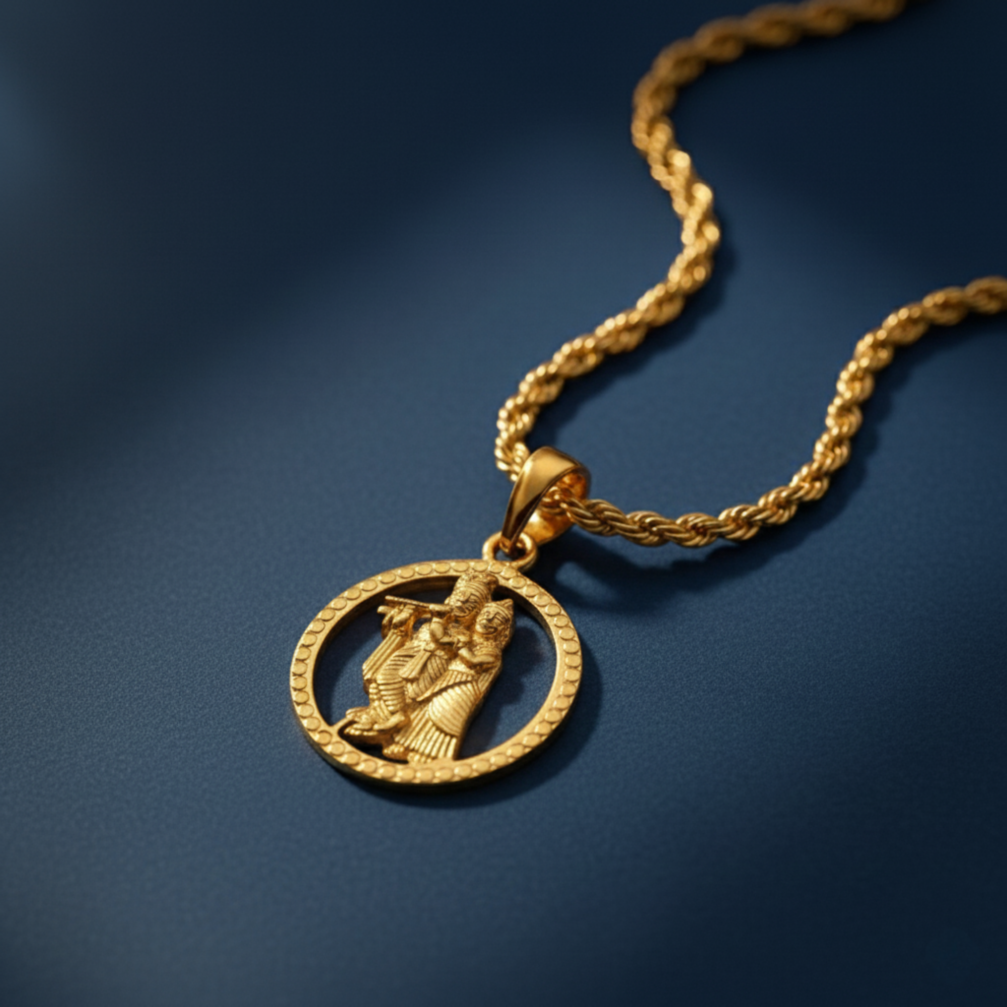 Divine gold Radha Krishna medallion pendant for men and women on gold chain against dark blue background