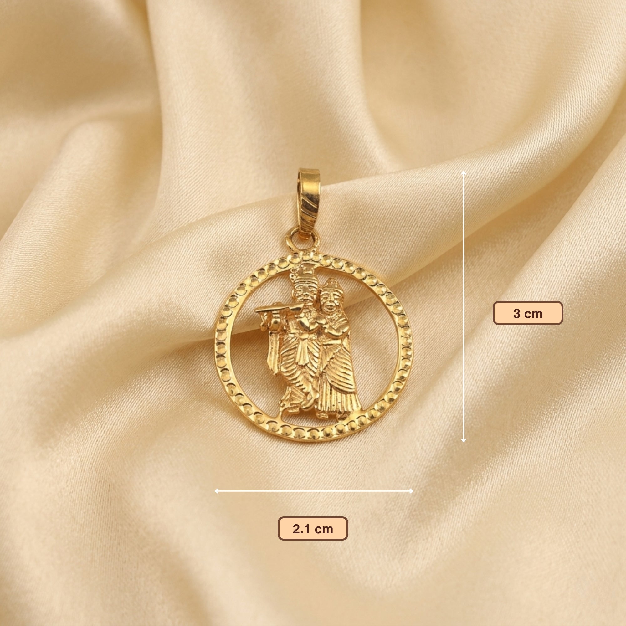 Dimension diagram showing size and measurement of divine gold Radha Krishna medallion pendant