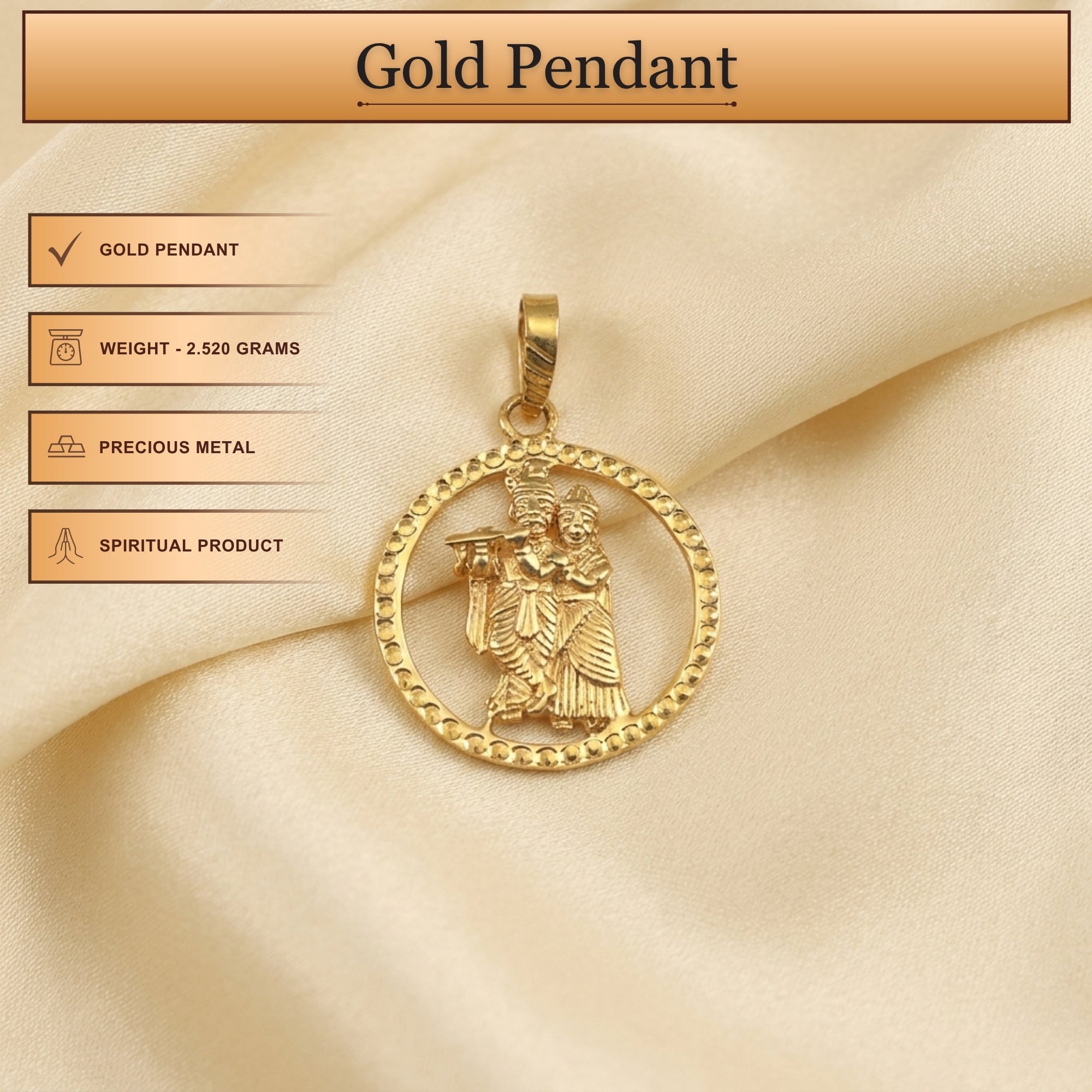 Infographic displaying features of divine gold Radha Krishna medallion pendant for men and women