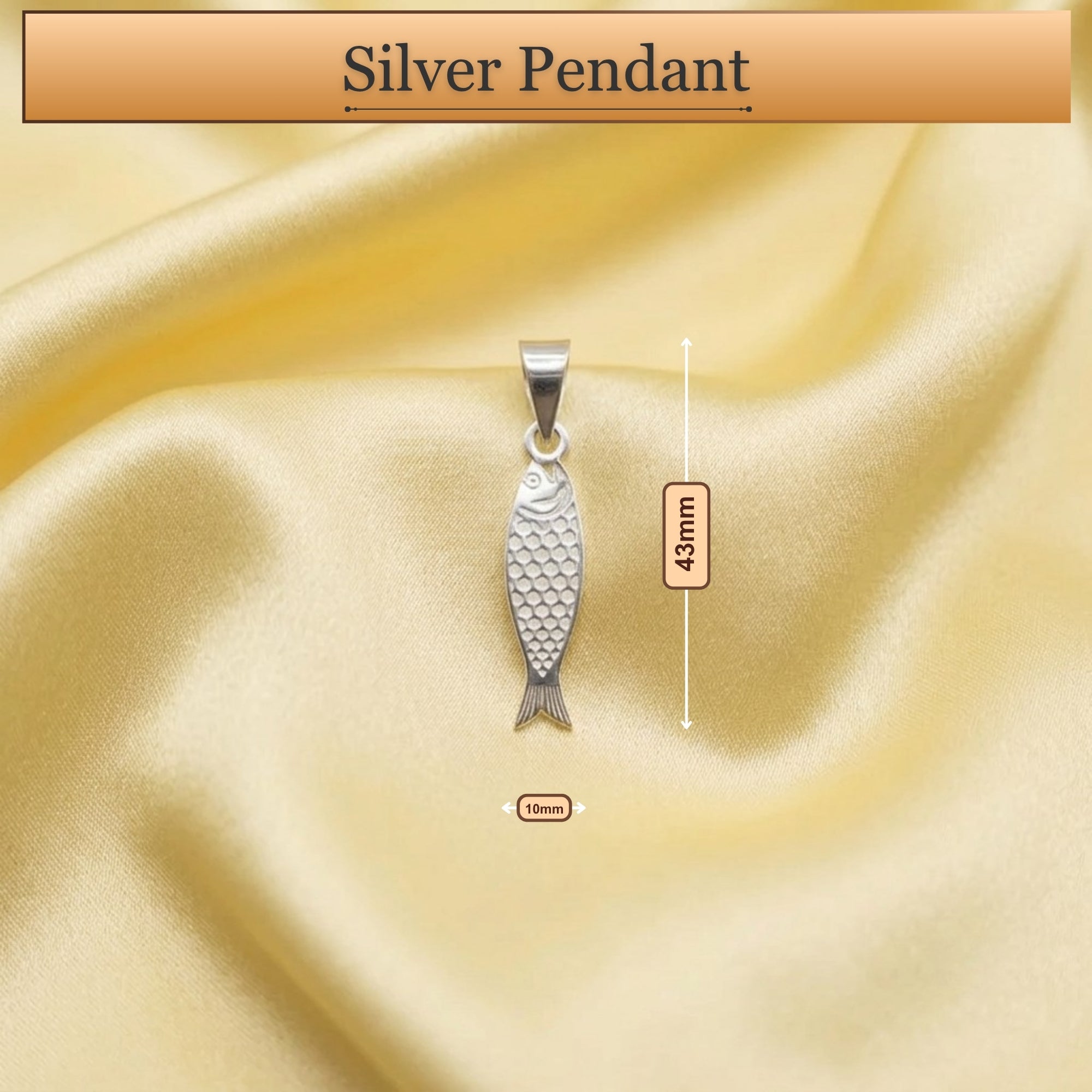 Divine Matsya pure silver pendant layout showing height and width measurements