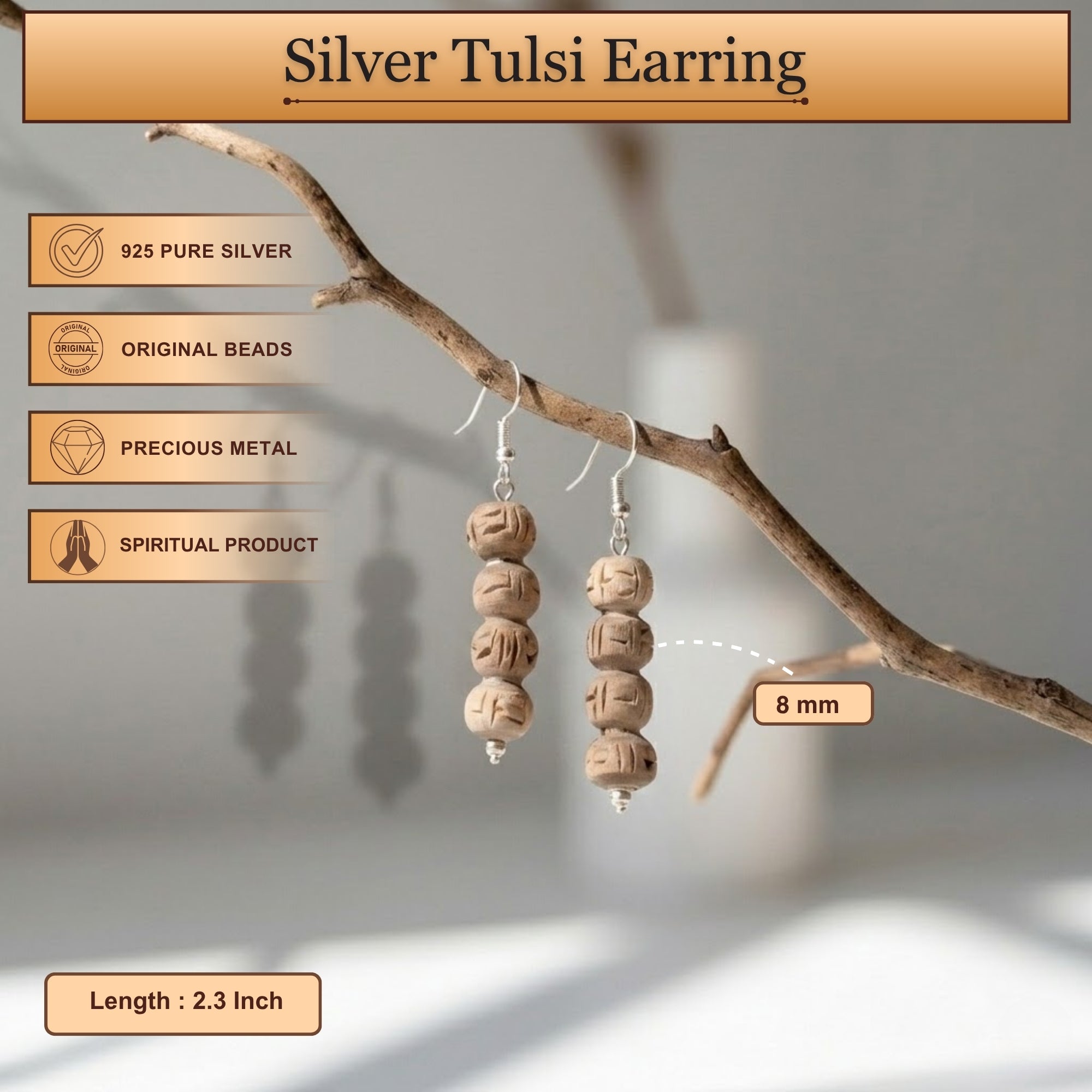 elegant silver and carved authentic Tulsi bead earrings