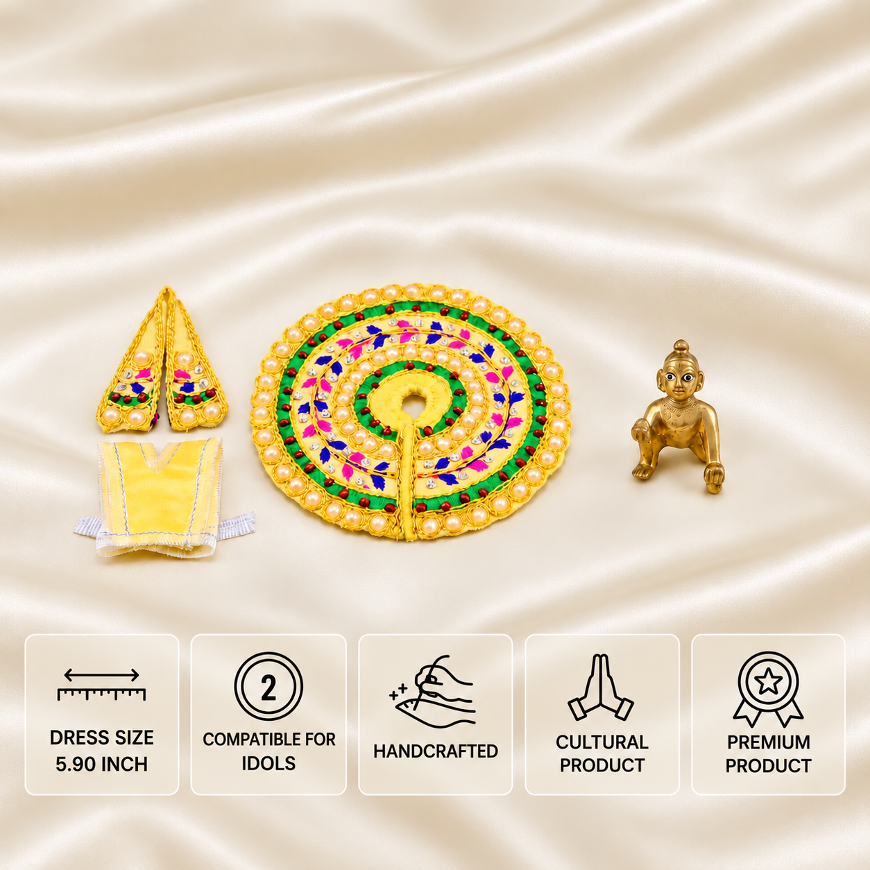Yellow and green pearl-work Laddu Gopal dress set with golden 2 number idol, 5.90-inch dress size