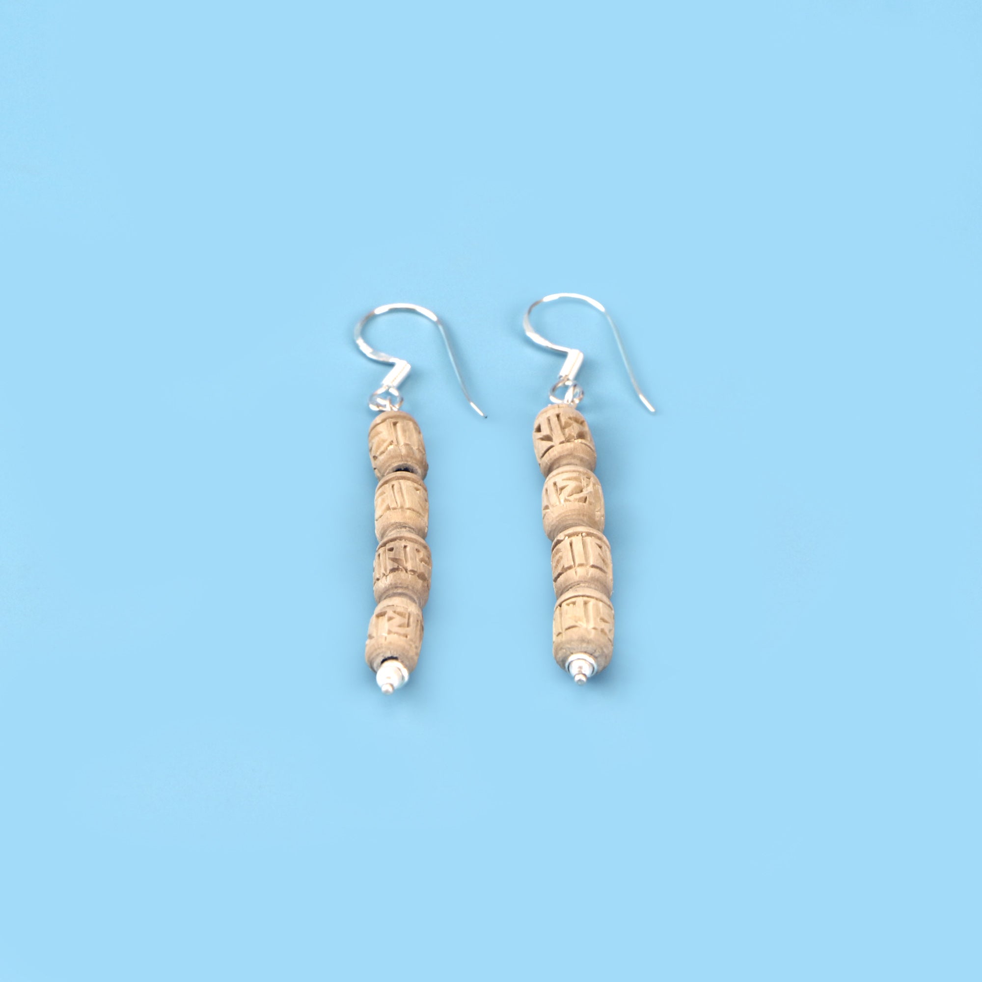 Silver Tulsi Earrings - Cylindrical Carved Tulsi Beads with Silver