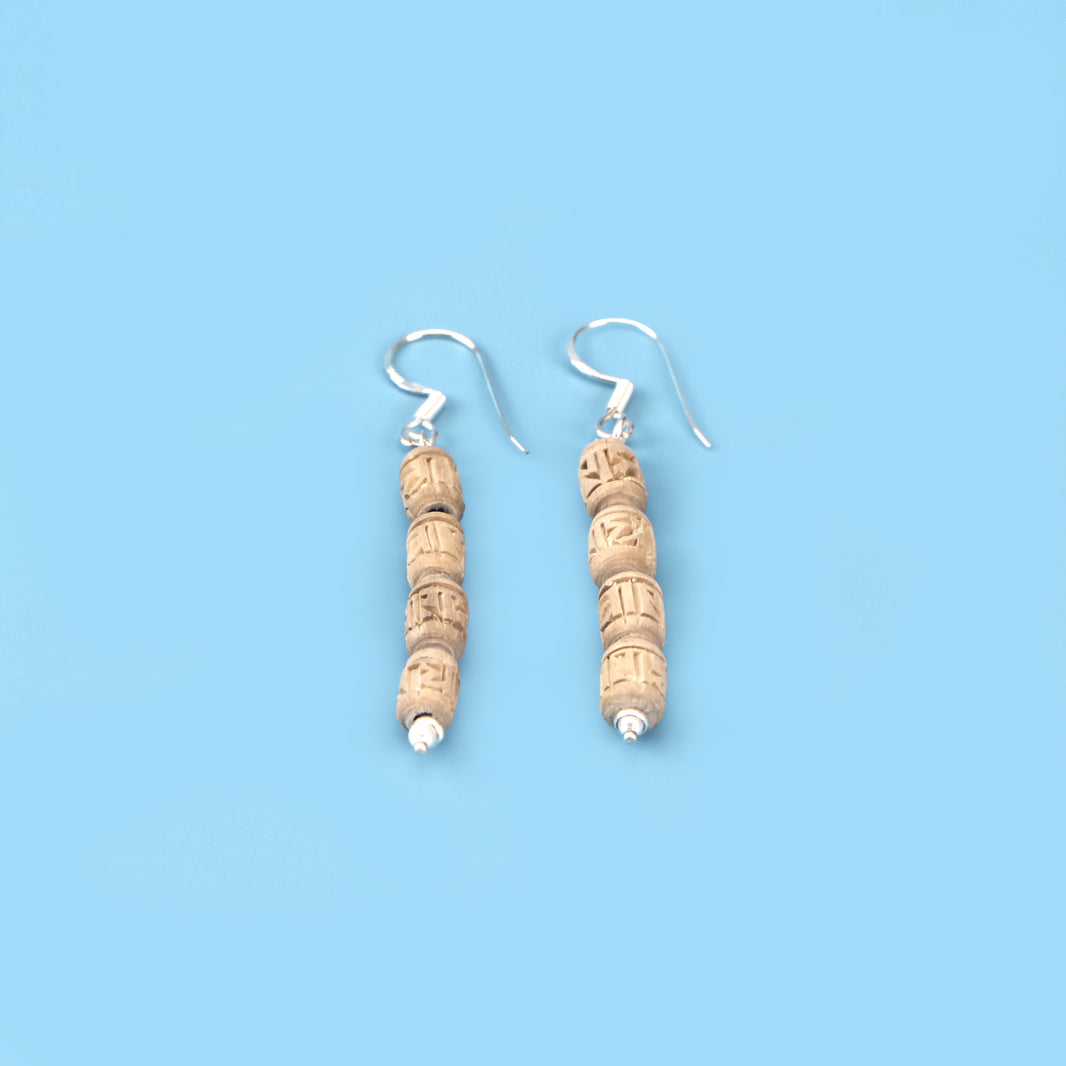 Silver Tulsi Earrings - Cylindrical Carved Tulsi Beads with Silver