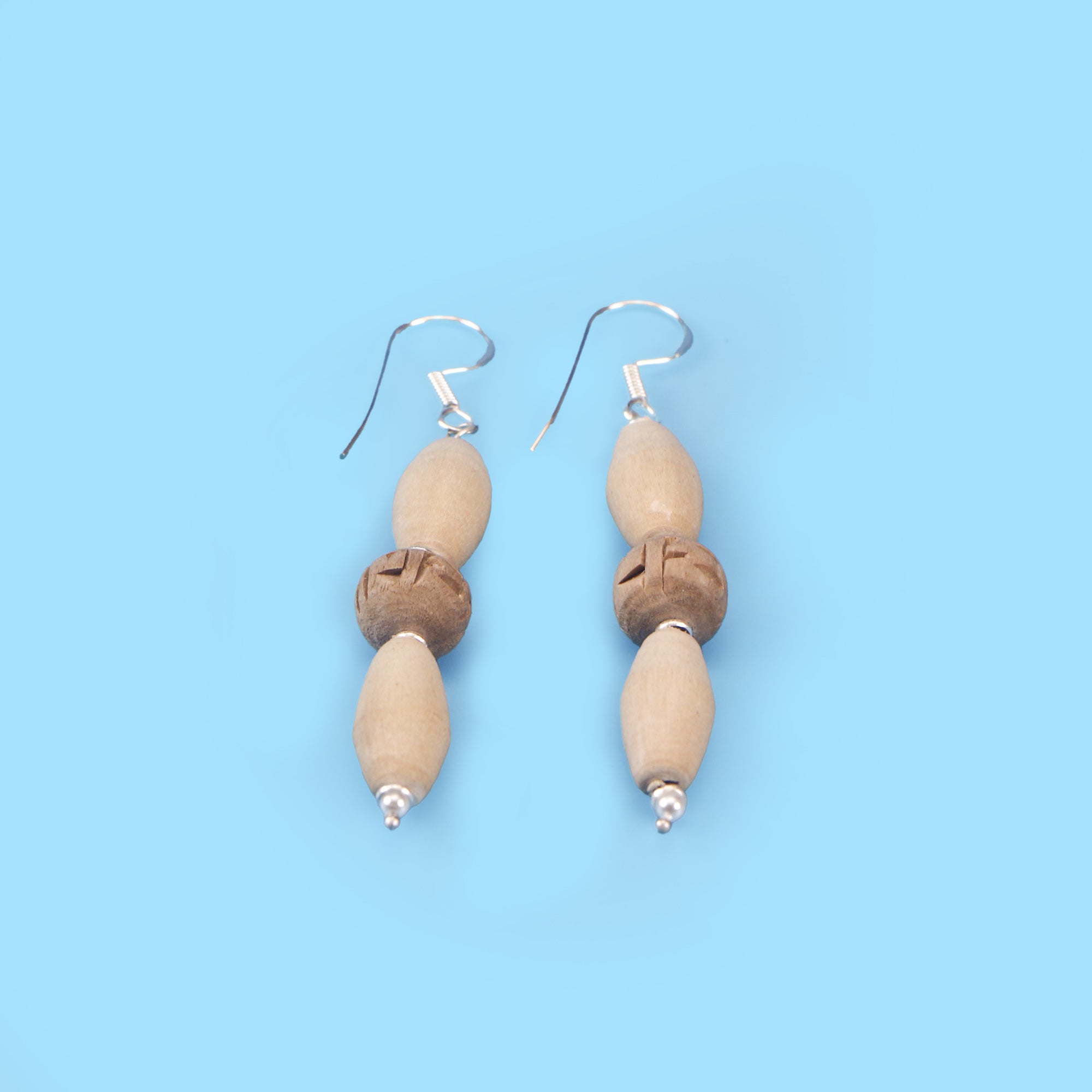 Silver Tulsi Earrings - Oval and Carved Tulsi Beads with Silver