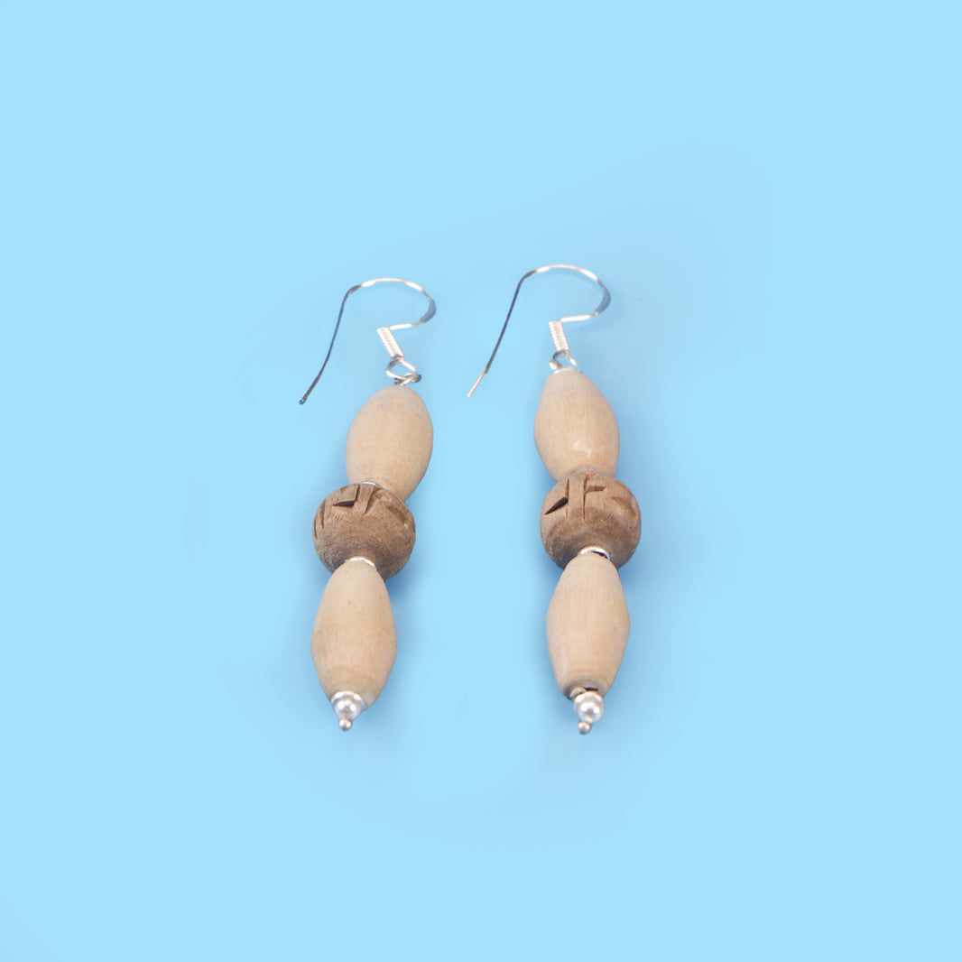 Silver Tulsi Earrings - Oval and Carved Tulsi Beads with Silver