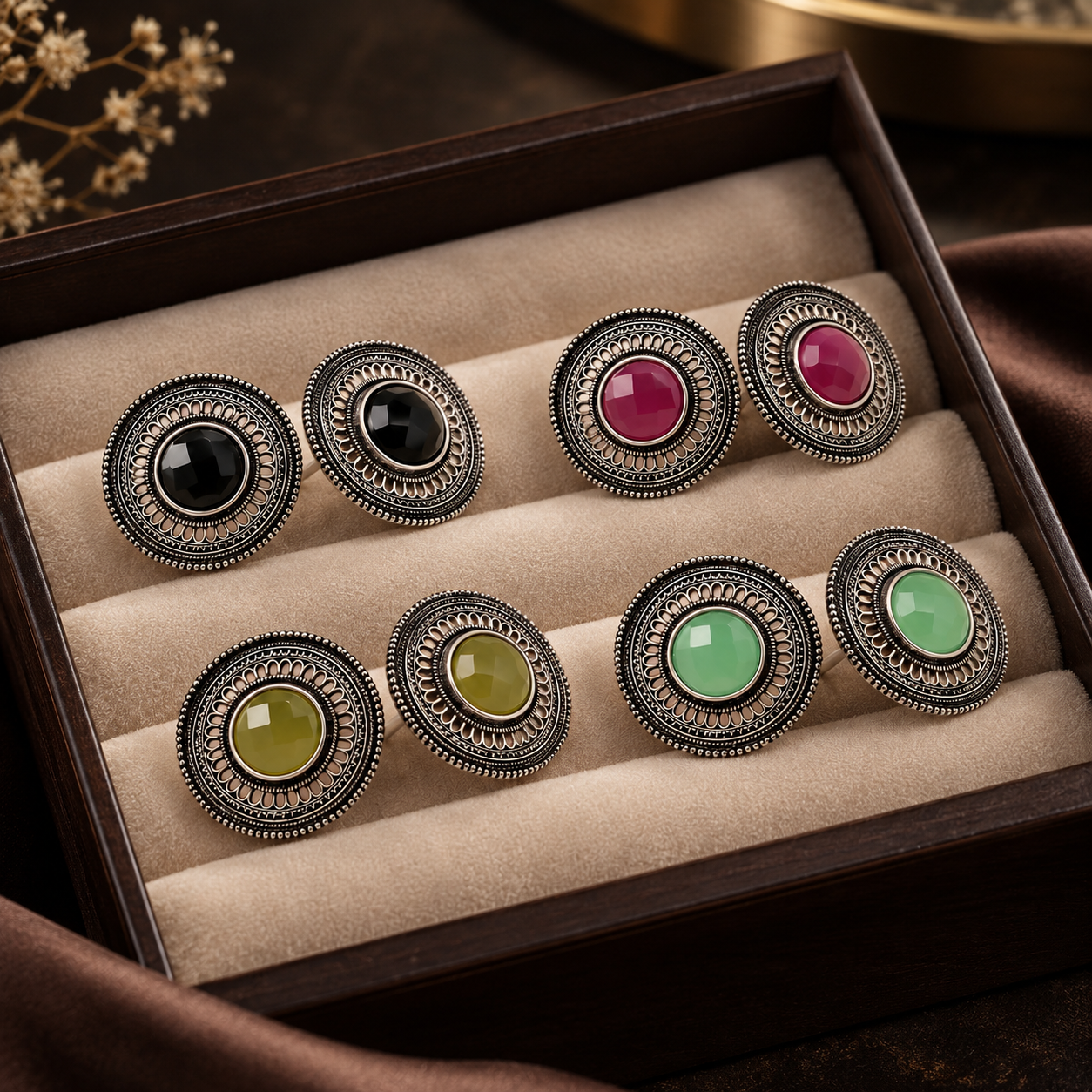 Four pairs of oxidised metal stud earrings with multicolor stone accents arranged in a jewellery box