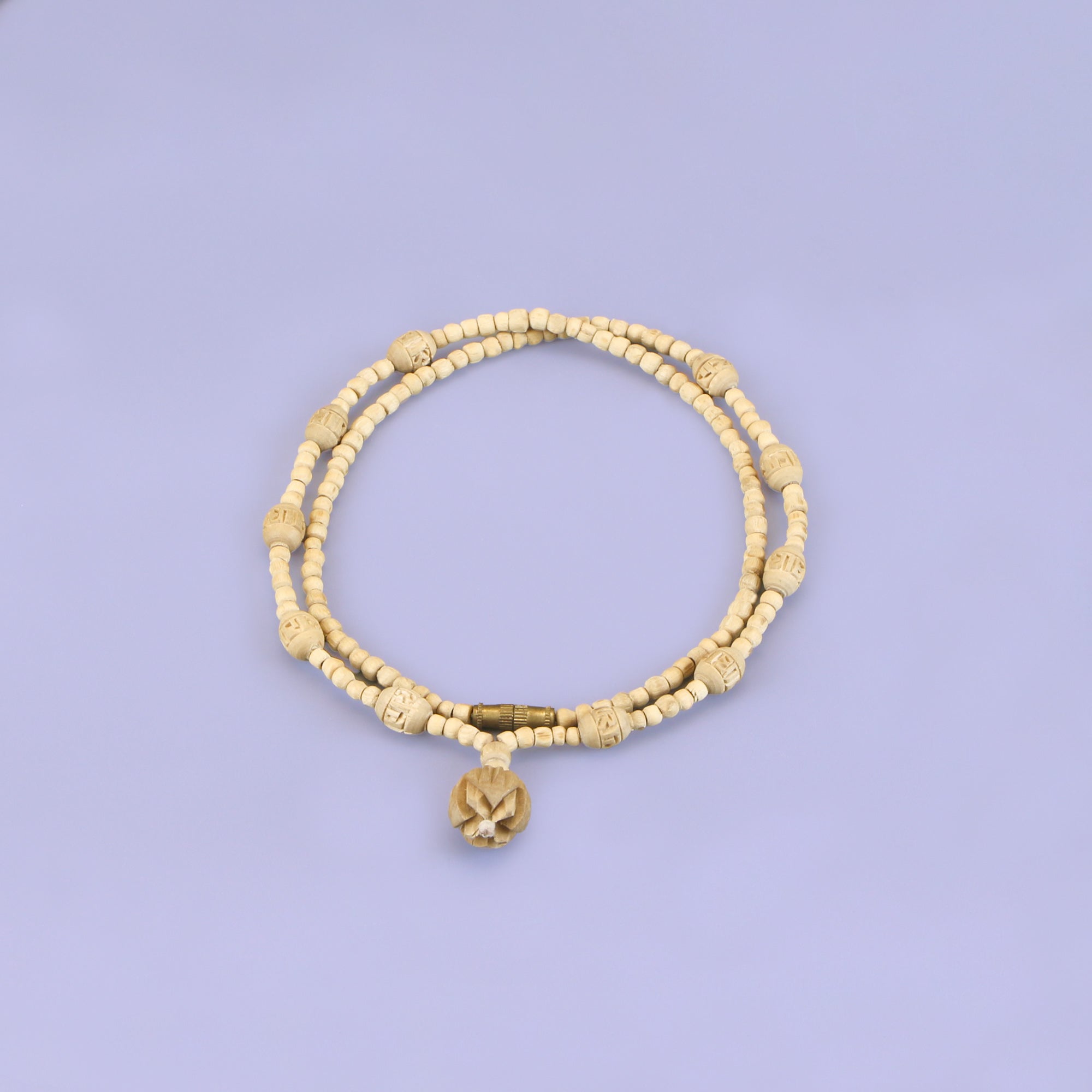 Certified Tulsi Kanthi Mala - Small and Carved Beads with Lotus Pendant