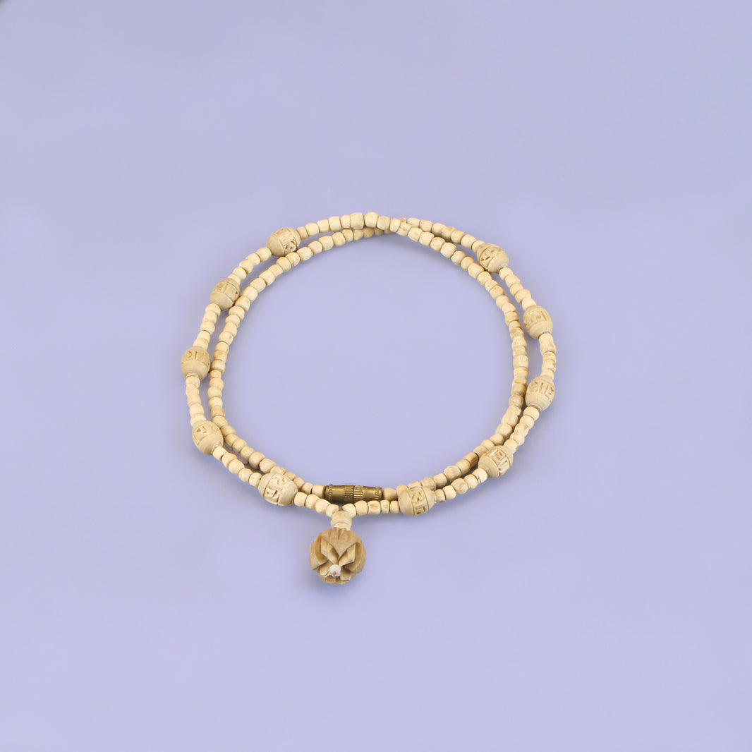 Certified Tulsi Kanthi Mala - Small and Carved Beads with Lotus Pendant