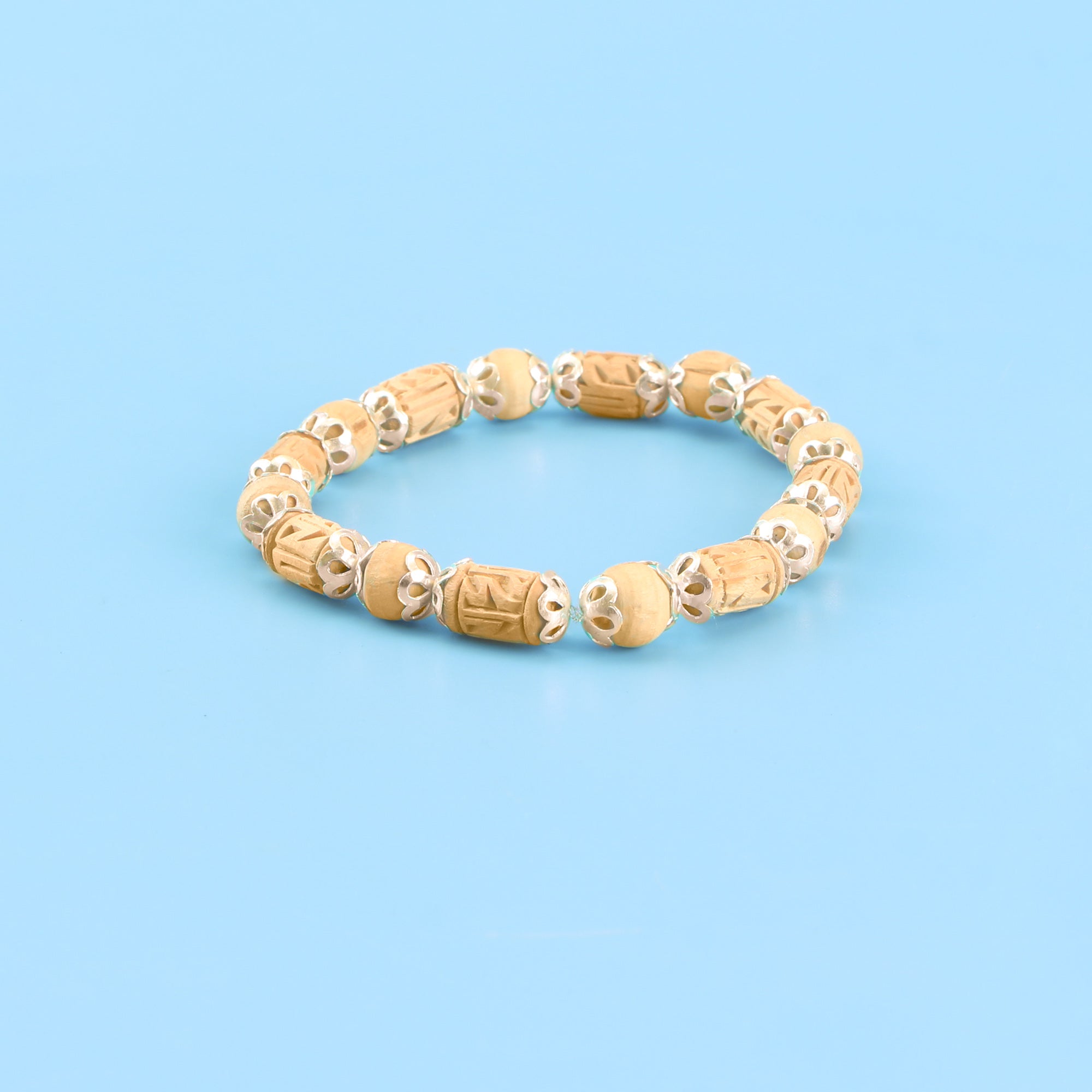 Silver Tulsi Bracelet with 925 Pure Silver Capping - Nature Tulsi Carved & Round Beads