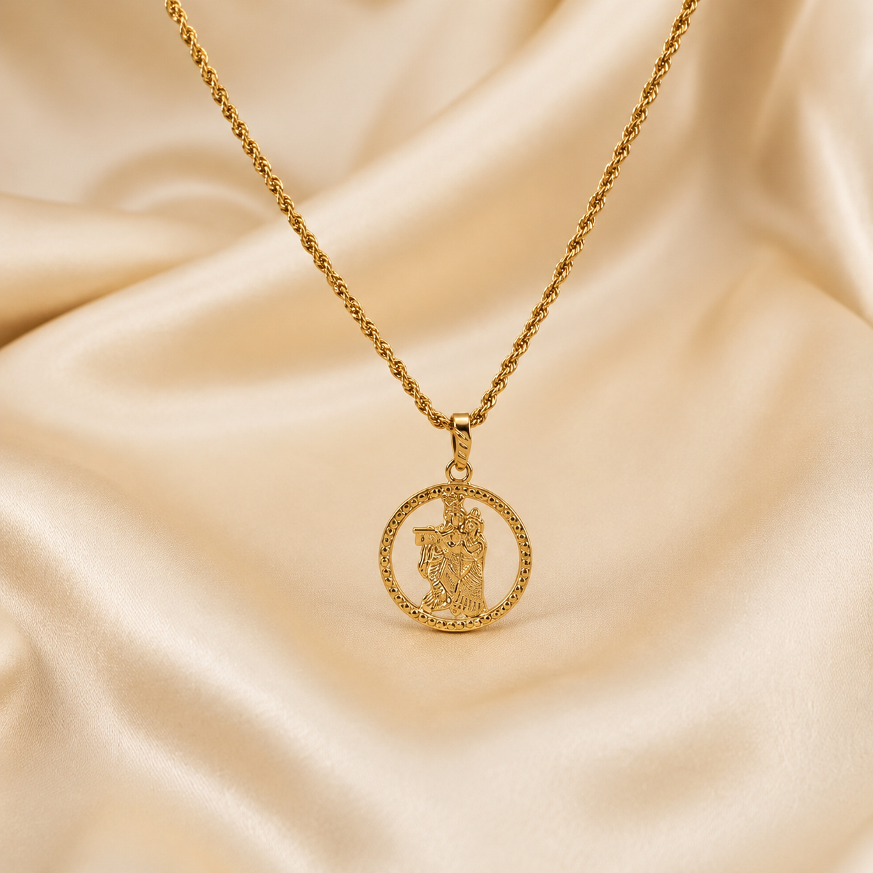 A gold chain necklace with a circular pendant featuring an embossed figure, displayed on draped champagne satin fabric.