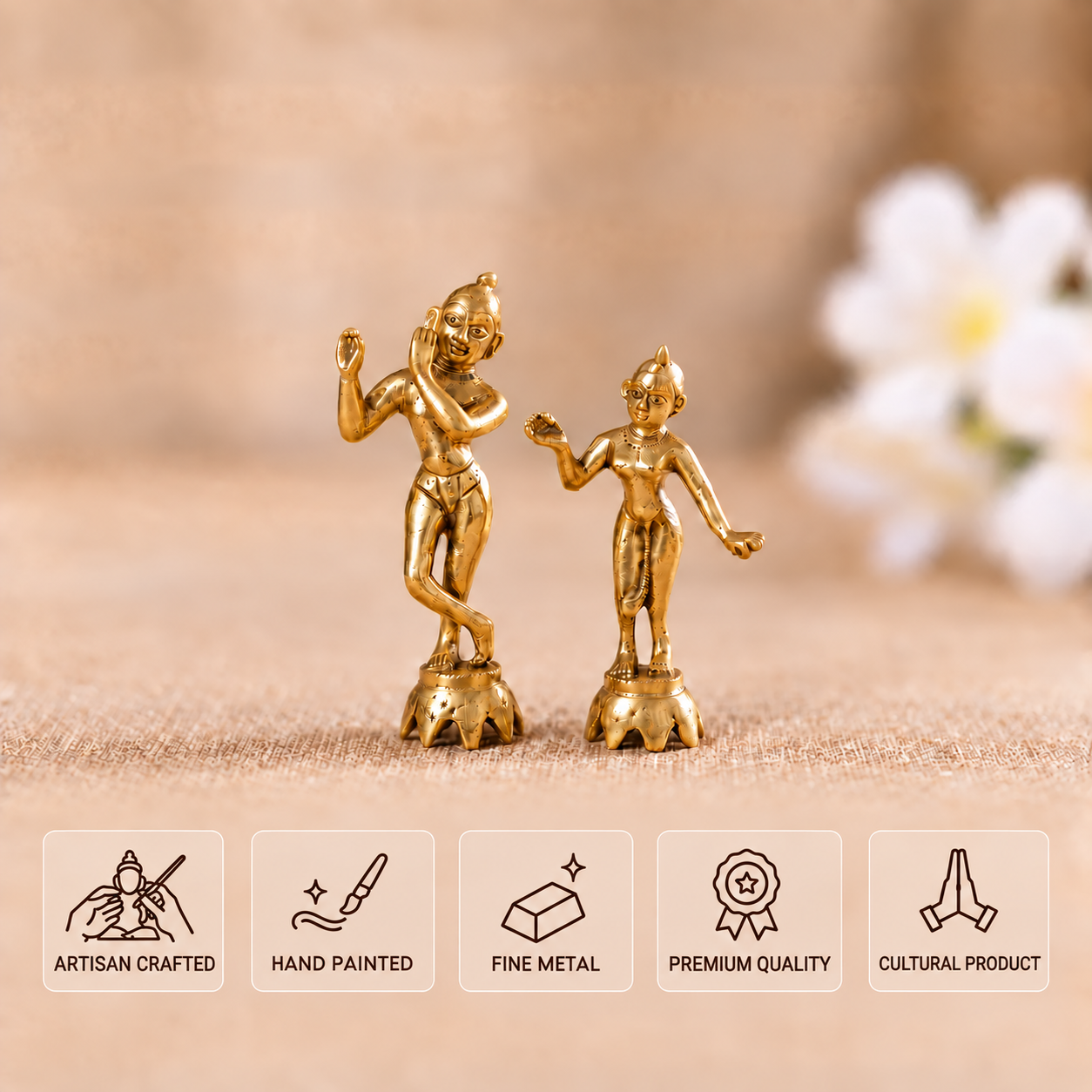 Golden Radha Krishna idol pair on lotus pedestals, with artisan crafted, hand painted, fine metal, premium quality and cultural product features.