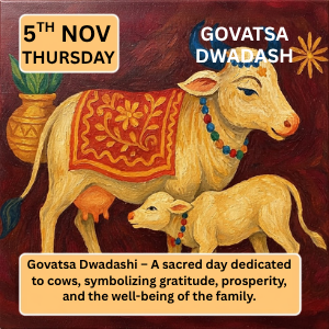 Govatsa Dwadashi showing a decorated cow and calf during the sacred observance