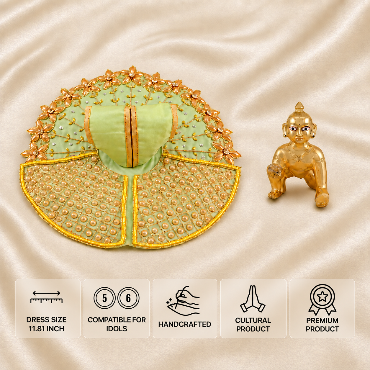 Green handcrafted Laddu Gopal dress for 5 and 6 number idols with golden floral and pearl detailing.
