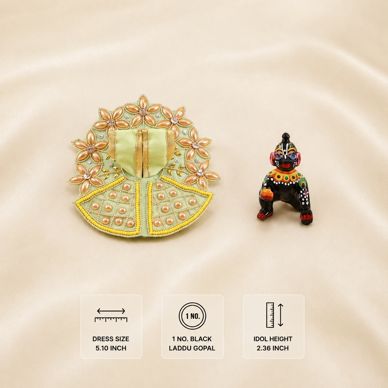 Pista green pearl work Laddu Gopal dress for 1 No. black idol, dress size 5.10 inch and idol height 2.36 inch.