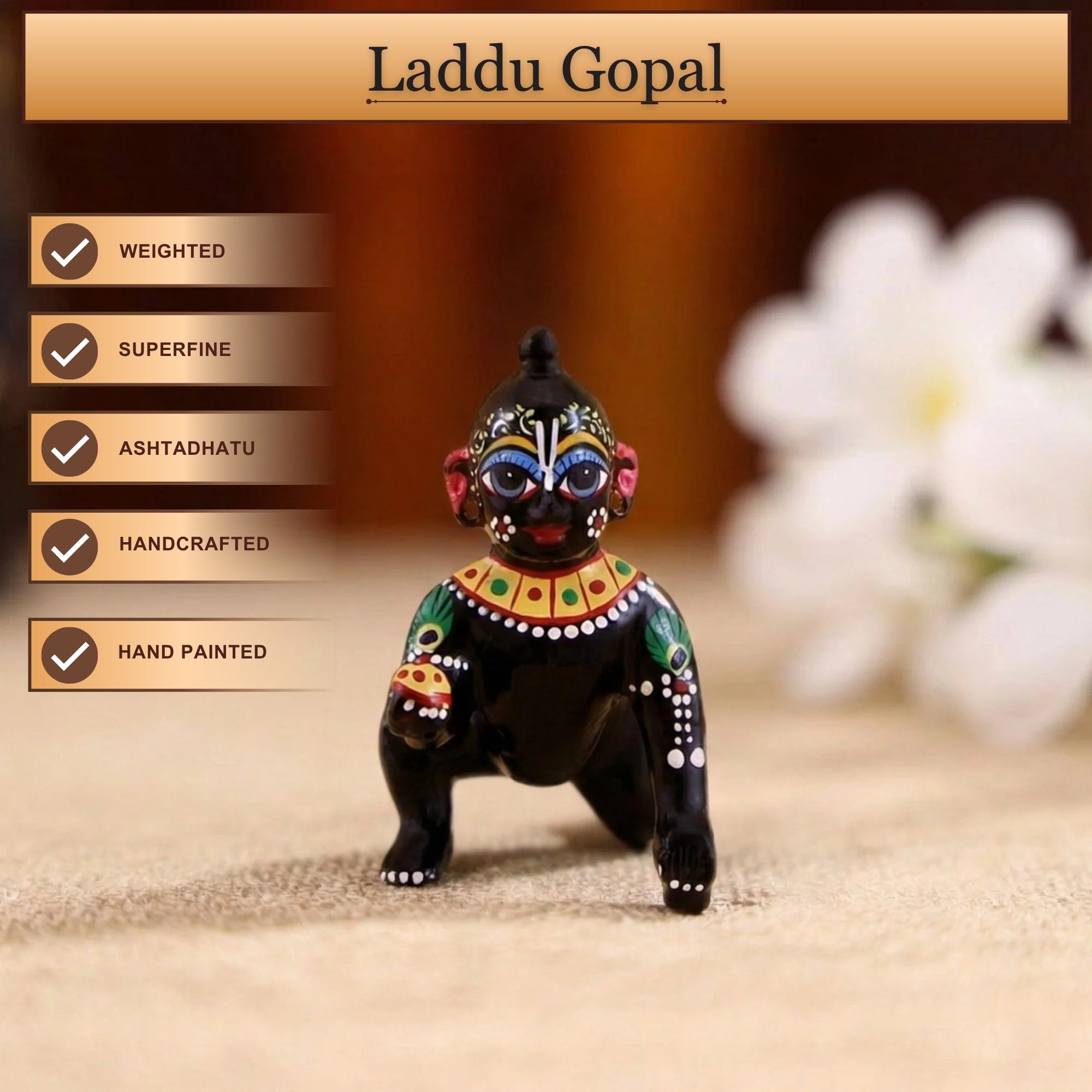 Angle view of a small black brass Laddu Gopal murti crafted for home mandir puja