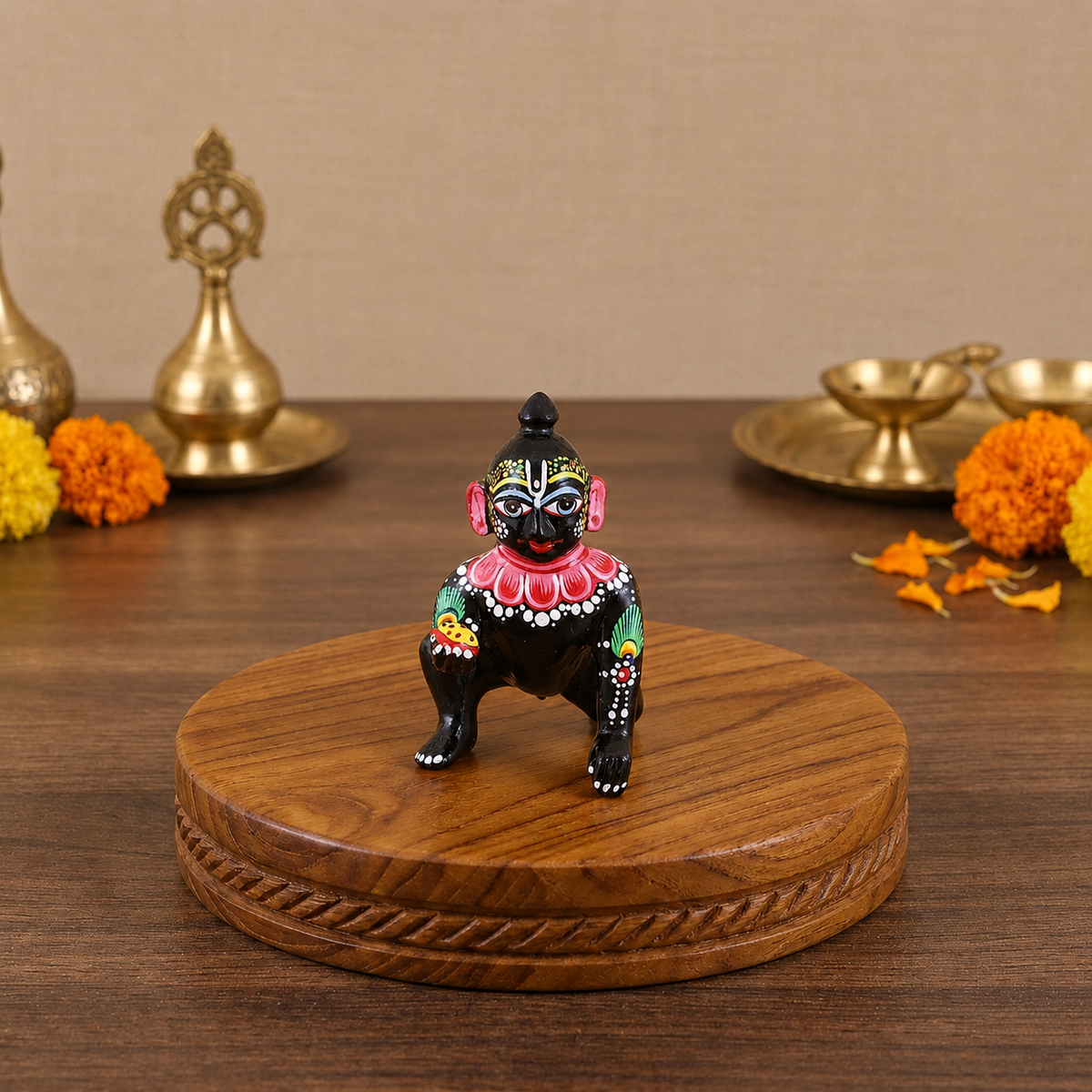 Hand-painted black Laddu Gopal idol with colourful detailing on a wooden pedestal.