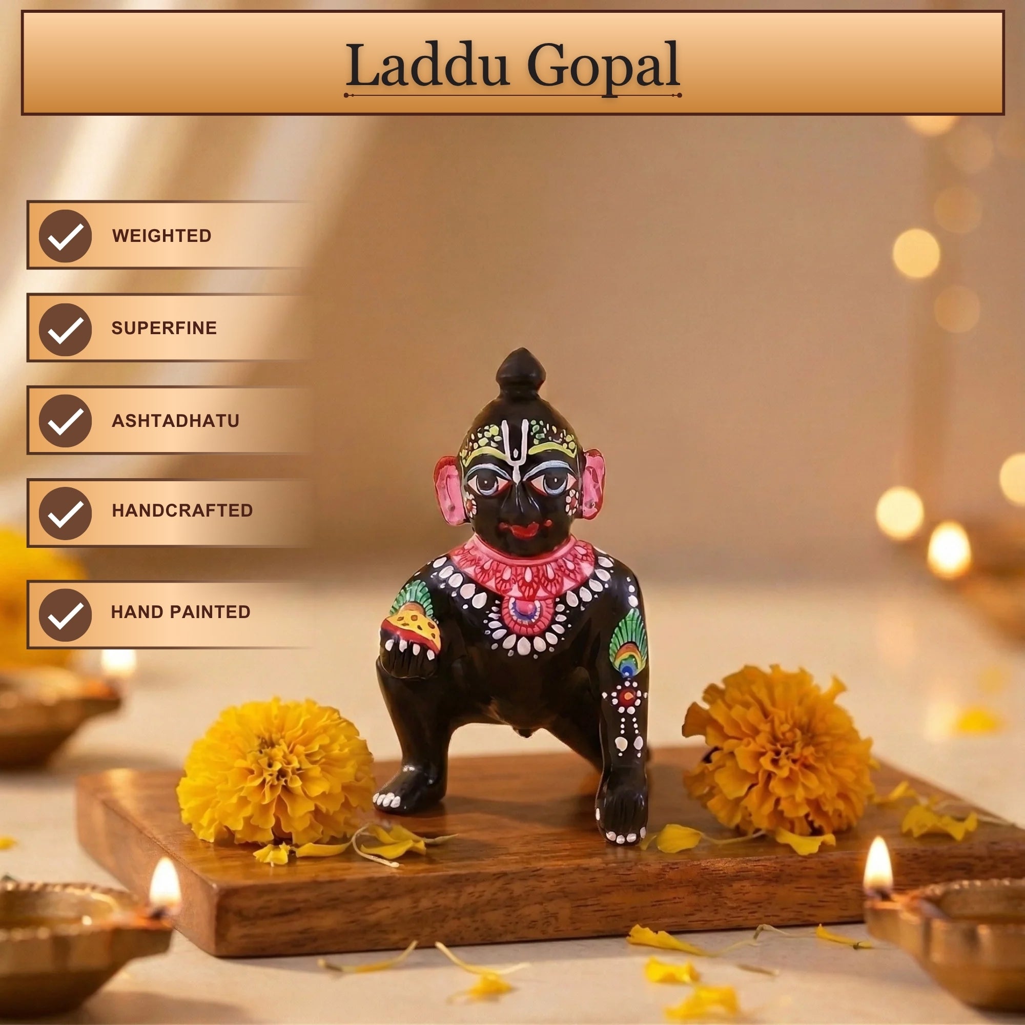 Front angle view of a black pital Laddu Gopal murti with traditional hand-painted Shringar