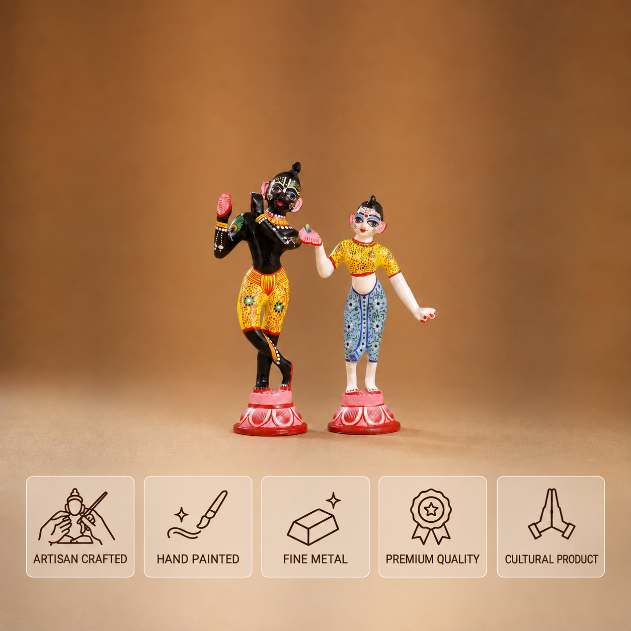 Handcrafted and hand-painted metal Radha Krishna idols standing on lotus pedestals with badges for Artisan Crafted, Hand Painted, Fine Metal, Premium Quality, and Cultural Product.