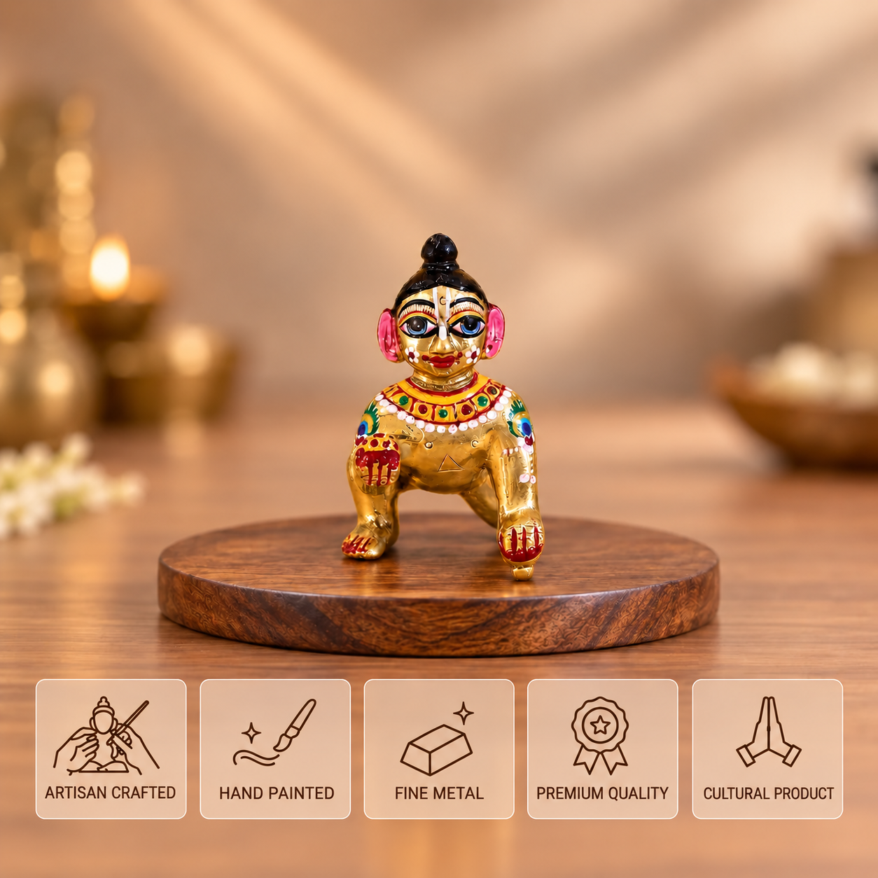 Front view of a hand-painted golden Laddu Gopal idol with a black topknot, holding a sweet on a round wooden platform.