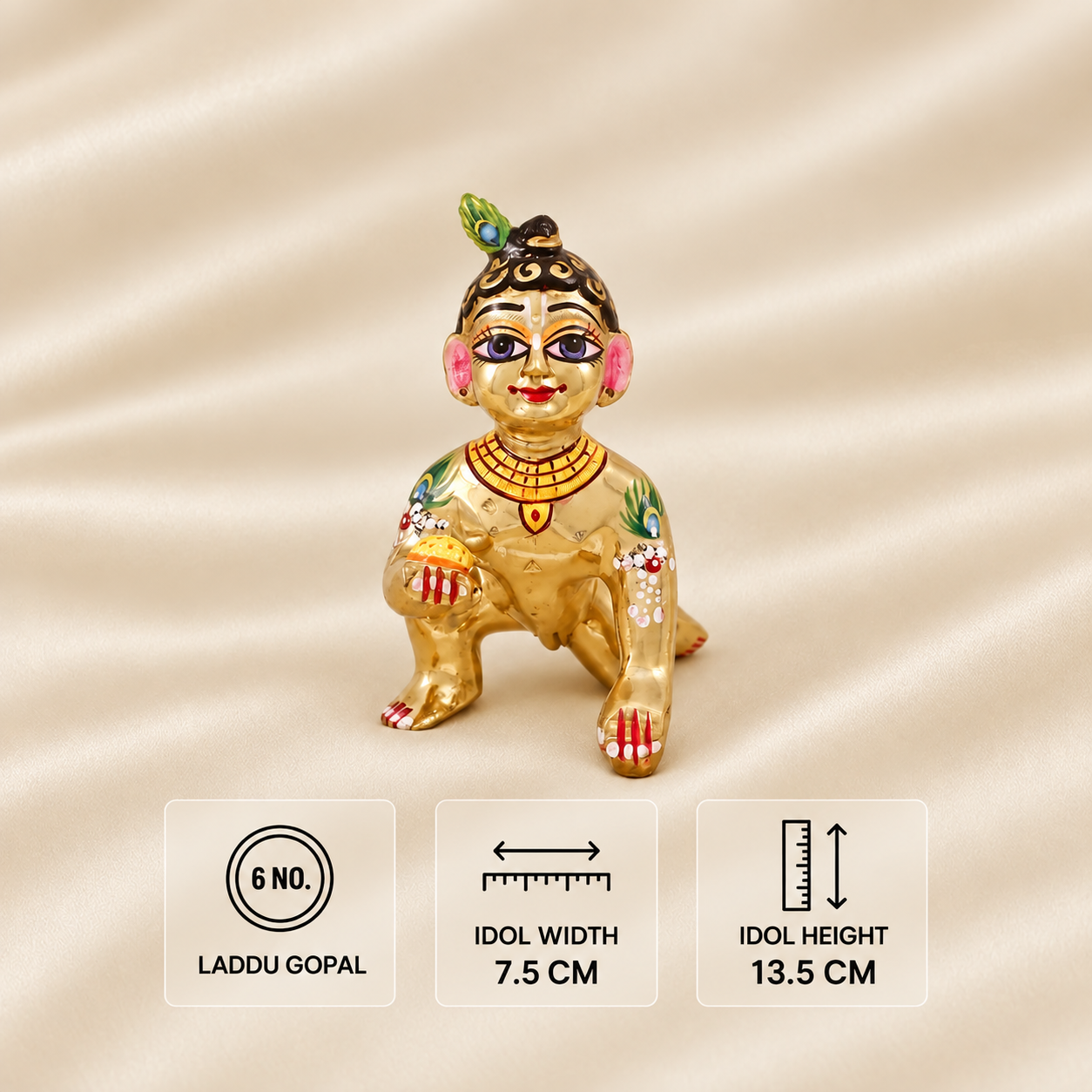 Hand-painted golden crawling Laddu Gopal idol with a peacock feather, size 6, measuring 7.5 cm wide and 13.5 cm high.