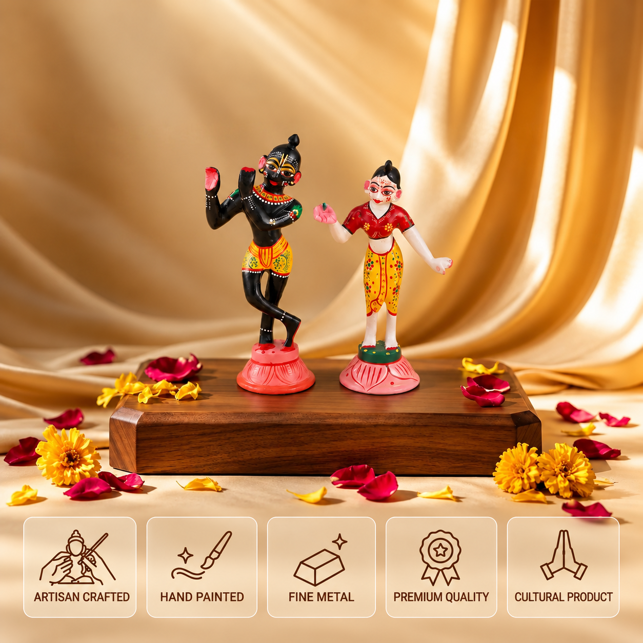 Hand-painted Radha Krishna idol pair on lotus bases, displayed on a wooden platform with five feature cards below.