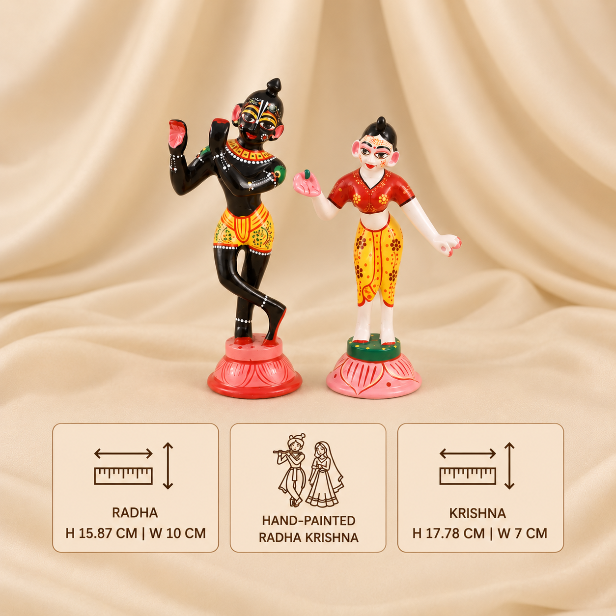 Hand-painted Radha Krishna idol set with individual Radha and Krishna measurements