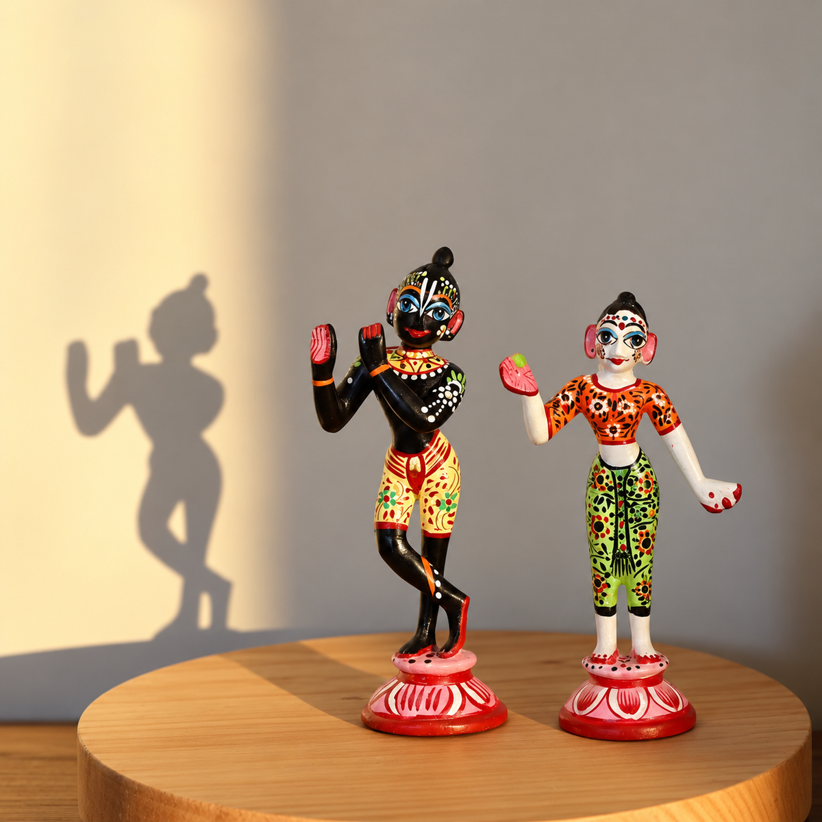 Hand-painted Radha Krishna idols with colorful traditional detailing on decorative lotus bases