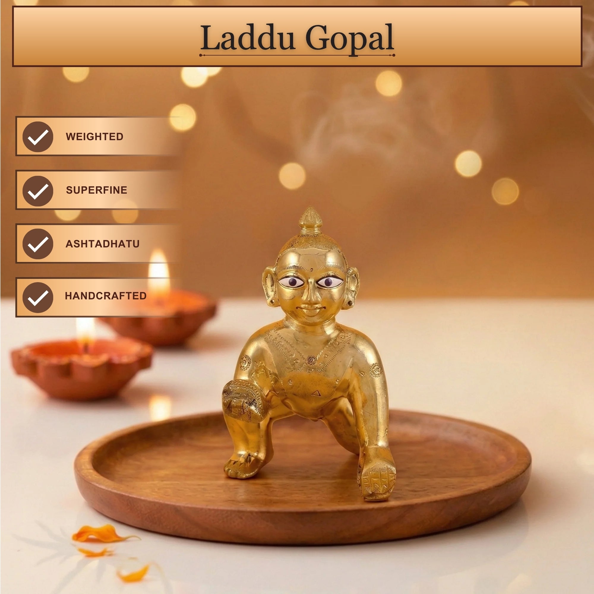 Front angle view of plain design golden finish Ashtadhatu Bal Gopal murti