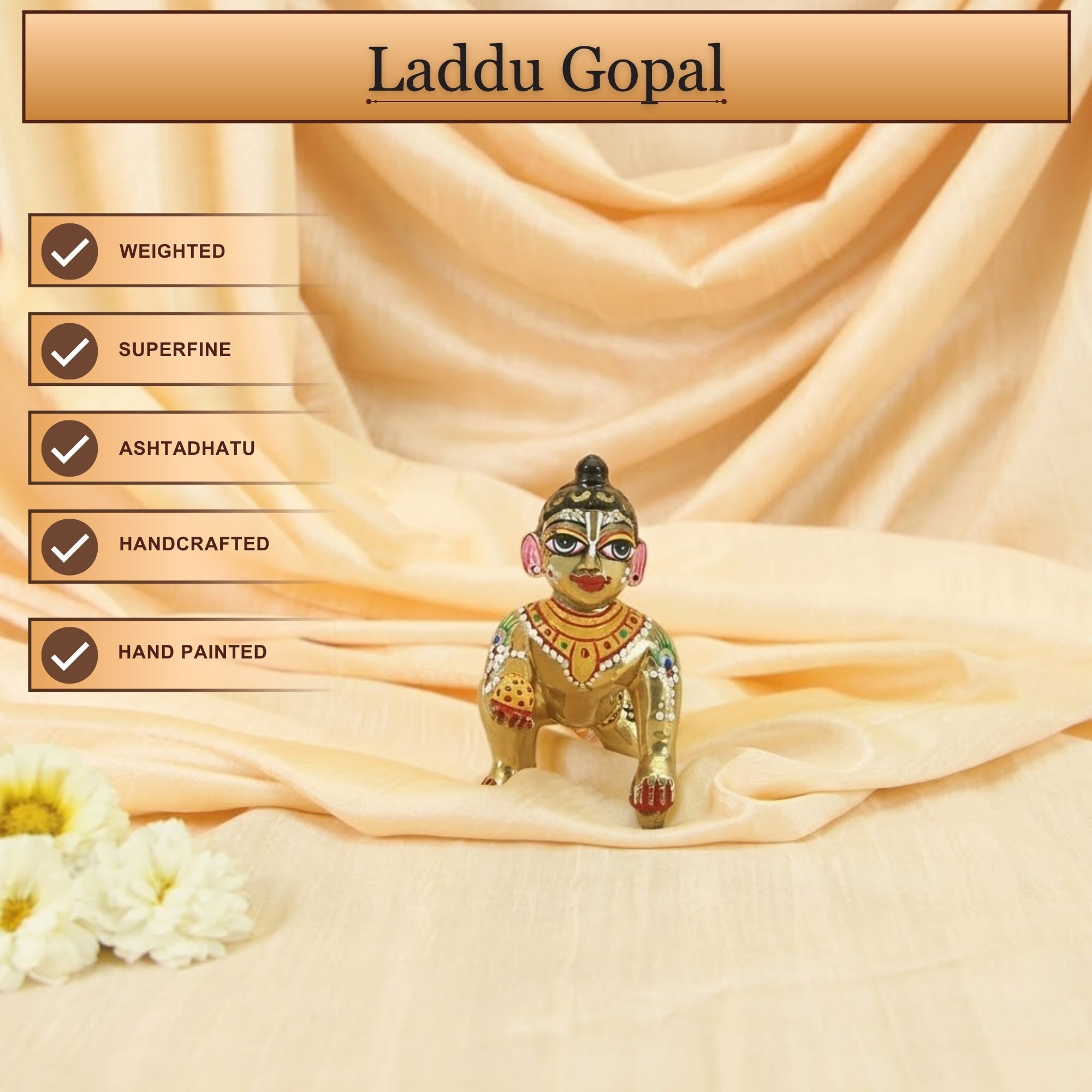 Front angle view of an Ashtadhatu Bal Gopal murti with decorative Shringar