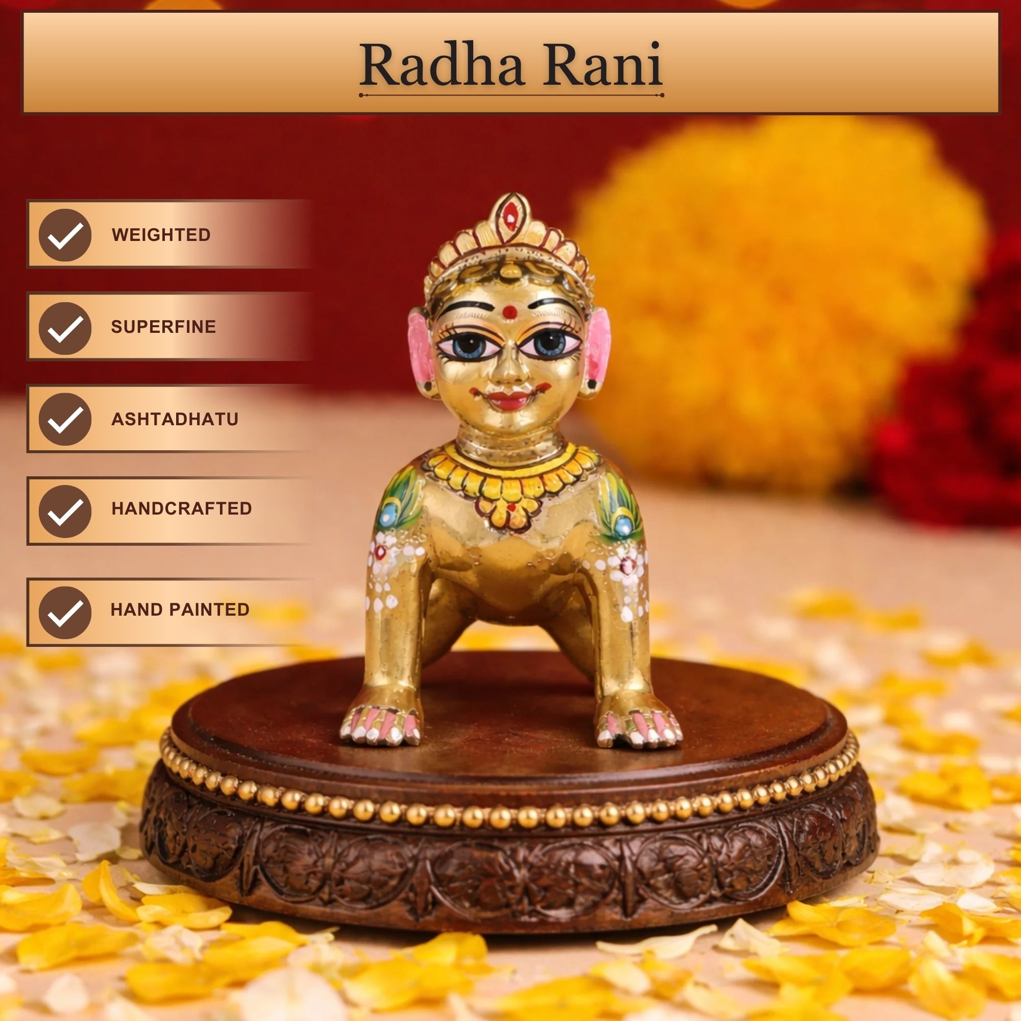 Front angle view of a handcrafted Ashtadhatu Radha Ji murti with colorful Shringa