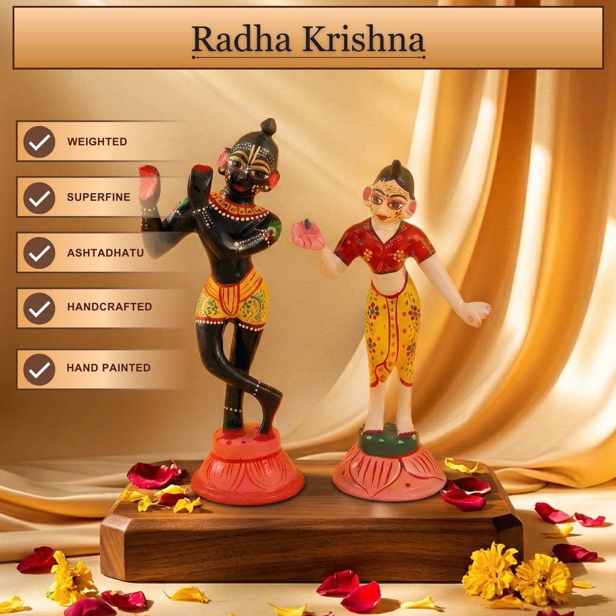 Front angle view of handcrafted Ashtadhatu Radha Krishna murti with full makeup and Shringar