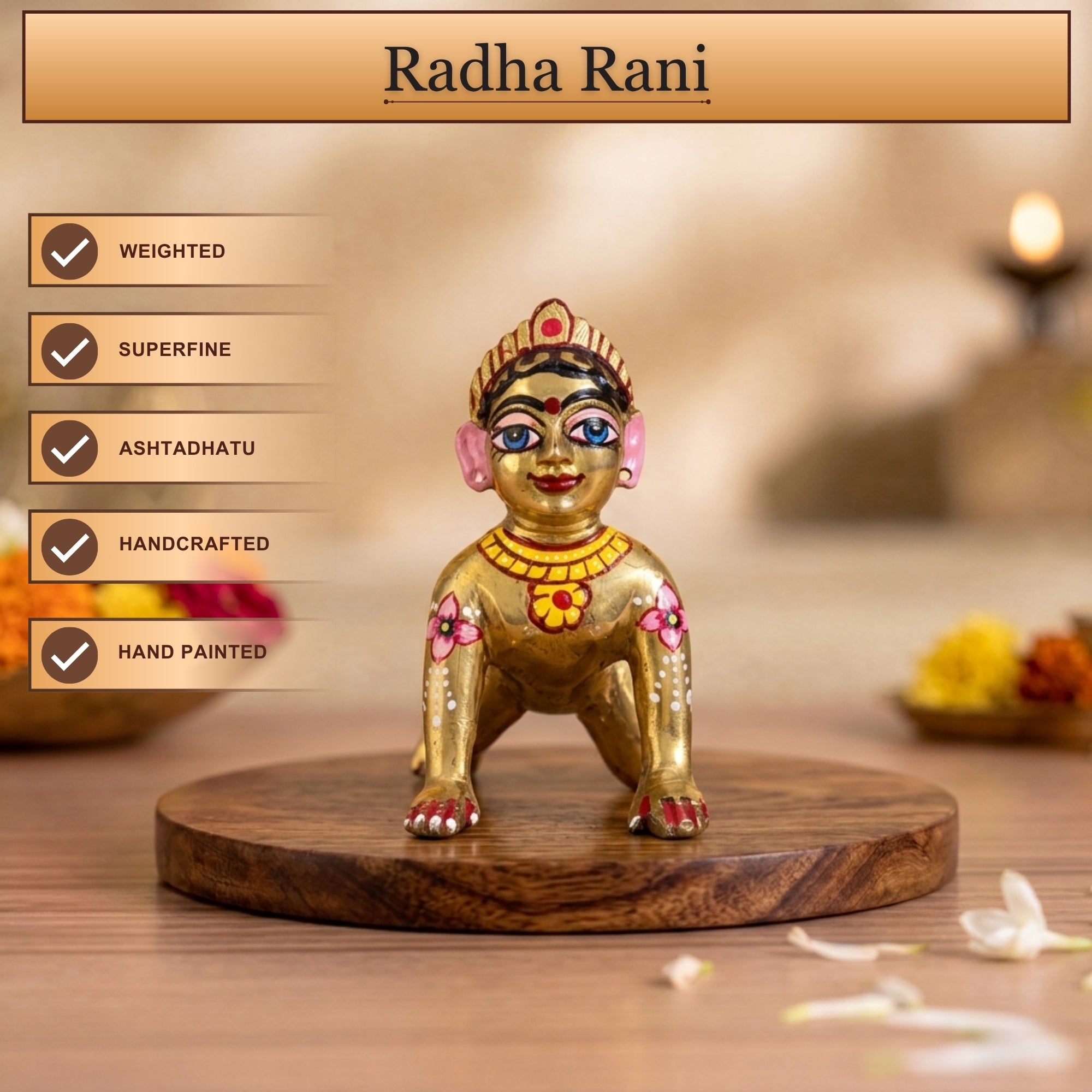 Front angle view of handcrafted Ashtadhatu Radha Rani murti with big eyes and Shringar
